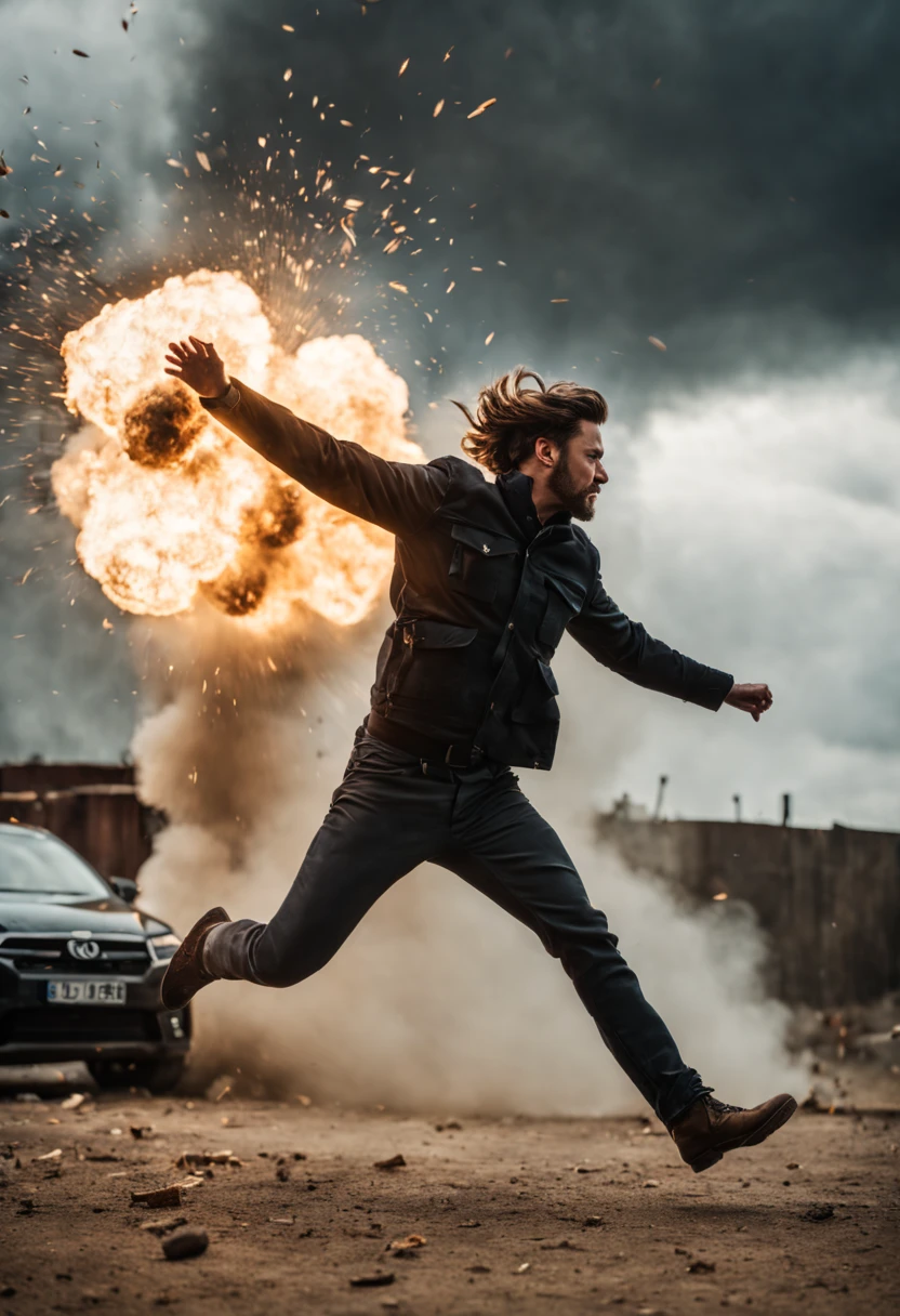 cinematic film still {A film shot capturing a climactic moment in an action sequence, realistic explosion and debris flying, hero in mid-leap, high-stakes tension, shot with a Canon EOS R8, Wide angle lens} . shallow depth of field, vignette, highly detailed, high budget, bokeh, cinemascope, moody, epic, gorgeous, film grain, grainy