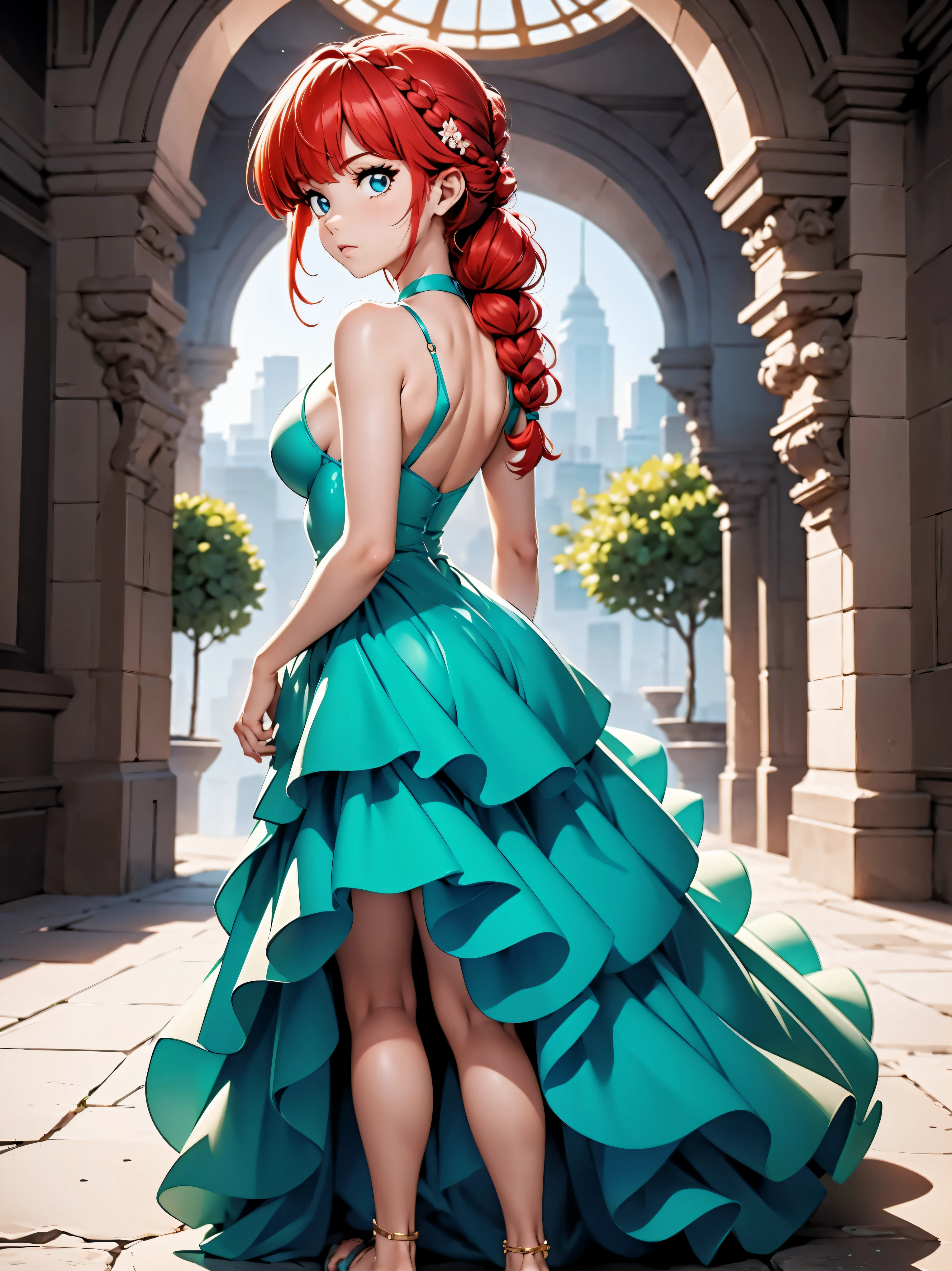 Garota anime ruiva com vestido longo branco com desenho de rosas casamento, saia, *******, corpo bonito, seios grandes, with hands behind head, running your hands through your hair, Garota sexy, red hair with braid , beautiful lighting, sombras suaves, olhos azuis, pernas bonitas, hair with braid, estilo anime, Ranma Chan, Autora Rumiko Takahashi, Baseado em obra de Rumiko Takahashi, Anime Ranma 1/ 2, decote sexy, quadril robusto, corpo inteiro, corpo inteiro, busto grande, garota jovem com corpo belo e bonito, sandals on his feet, garota ******* jovem baixa estatura, usando vestido longo branco com desenhos de rosas, estampa florida, vestido com arte florida de rosas, garota anime, estilo anime, beautiful feet in sandals, 45° viewing angle, ao ar livre, vestido com estampa florida rosas, vestido estampado flor rosa