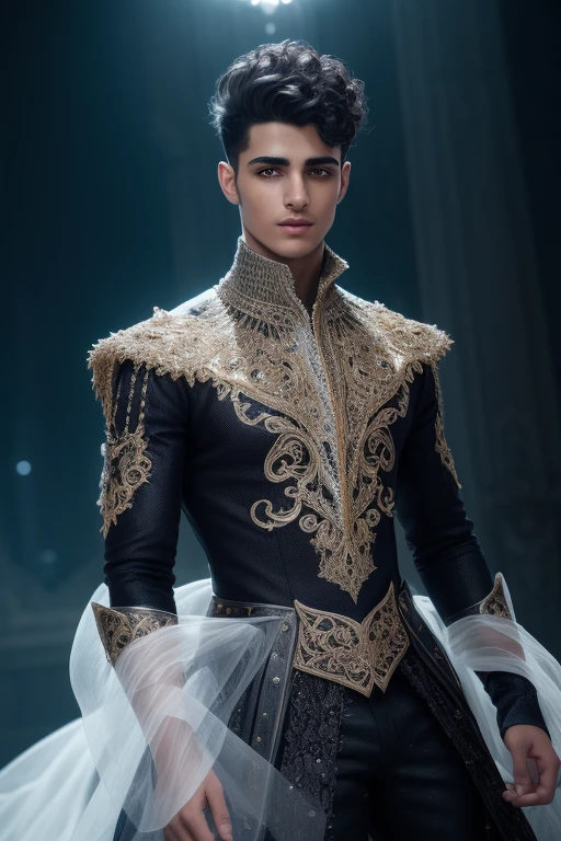A stunningly handsome young man in his early twenties, of Arabic origins, boasts short curly black hair and captivating black eyes. His features are sharp and defined, with a loose painting style that accentuates the intricate details of his intriguing facial structure. The cinematic lighting brings out the rich colors and textures of his skin, creating an ethereal and fantastical atmosphere. He dons an elaborate, intricately designed fantasy dress that adds a magical and mysterious element to his appearance. The dress, skillfully rendered in volumetric lighting, seems to flow around his body, merging seamlessly with the bold 8k render and creating an extraordinary masterpiece. The man ex