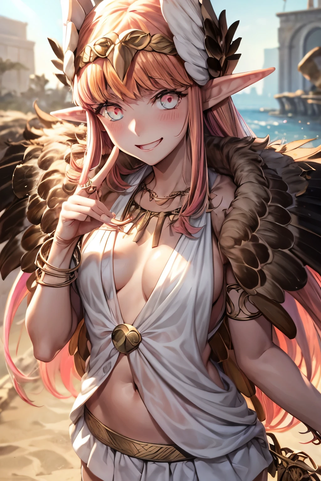 CIRCE_FGO
POINTY_EARS, PINK_HAIR, HEAD_WINGS, WINGS, BANGS, FEATHERED_WINGS, LONG_HAIR, JEWELRY, SMILE, BREASTS, NECKLACE, BLUSH, SMALL_BREASTS, MULTICOLORED_EYES