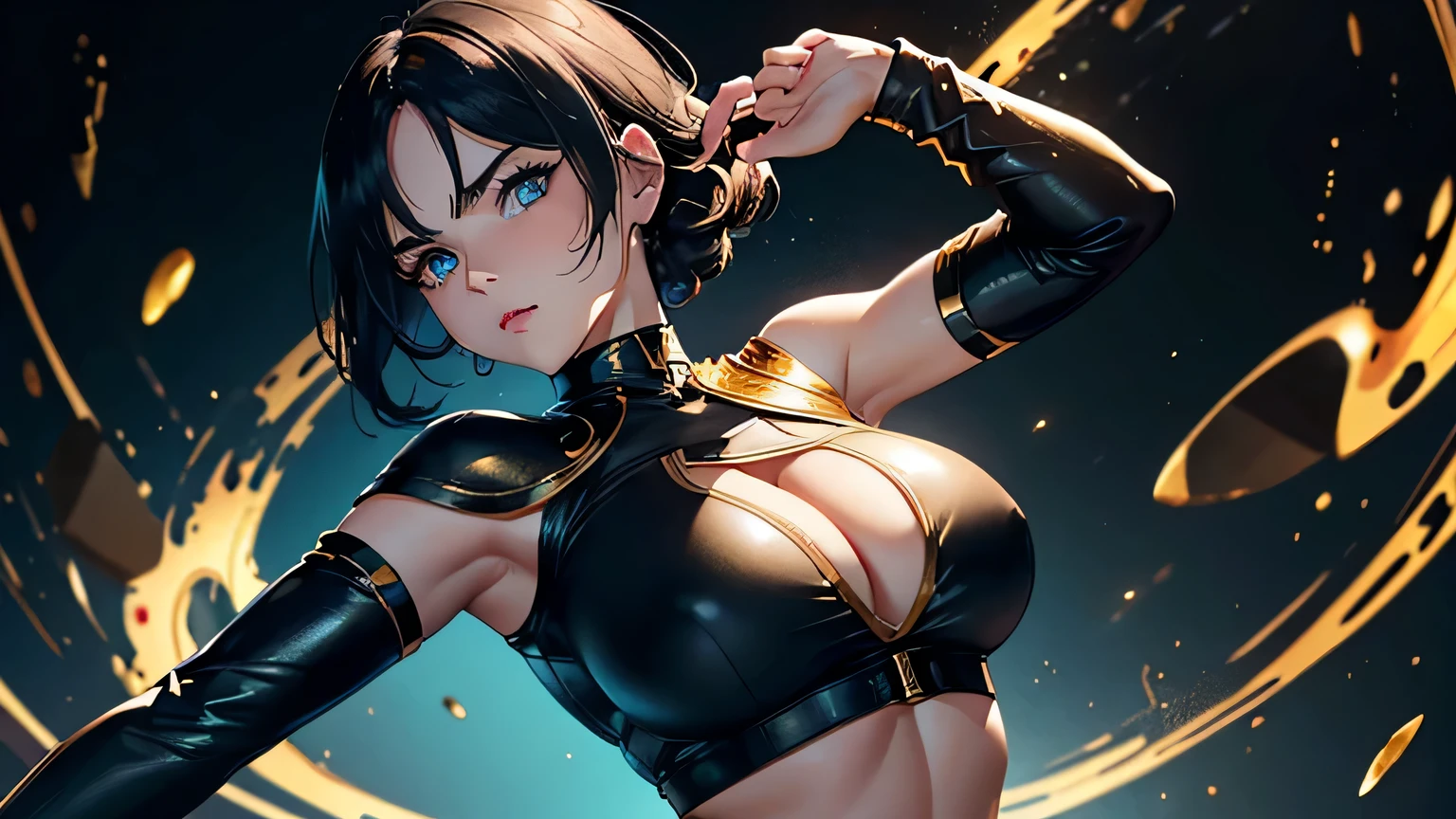 4K, A high resolution, Best quality at best, masterpiece, perfect colors, perfect shadow, perfect litthing, ((sportrait)), 1woman, fit body, heterochromia eyes，dark blue hair , blue eyes, With round lenses, The audience watched carefully, (s face: 1.2), Perfect female figure, ((dynamic pose)), ((gold and black Tight crop top gold and black leather suit)), ((shy and looking at viewert)), (Perfect thick white eyebrows) Delicate fur, 详细s face, s the perfect face,  , (dynamic pose), big breast, open half breast