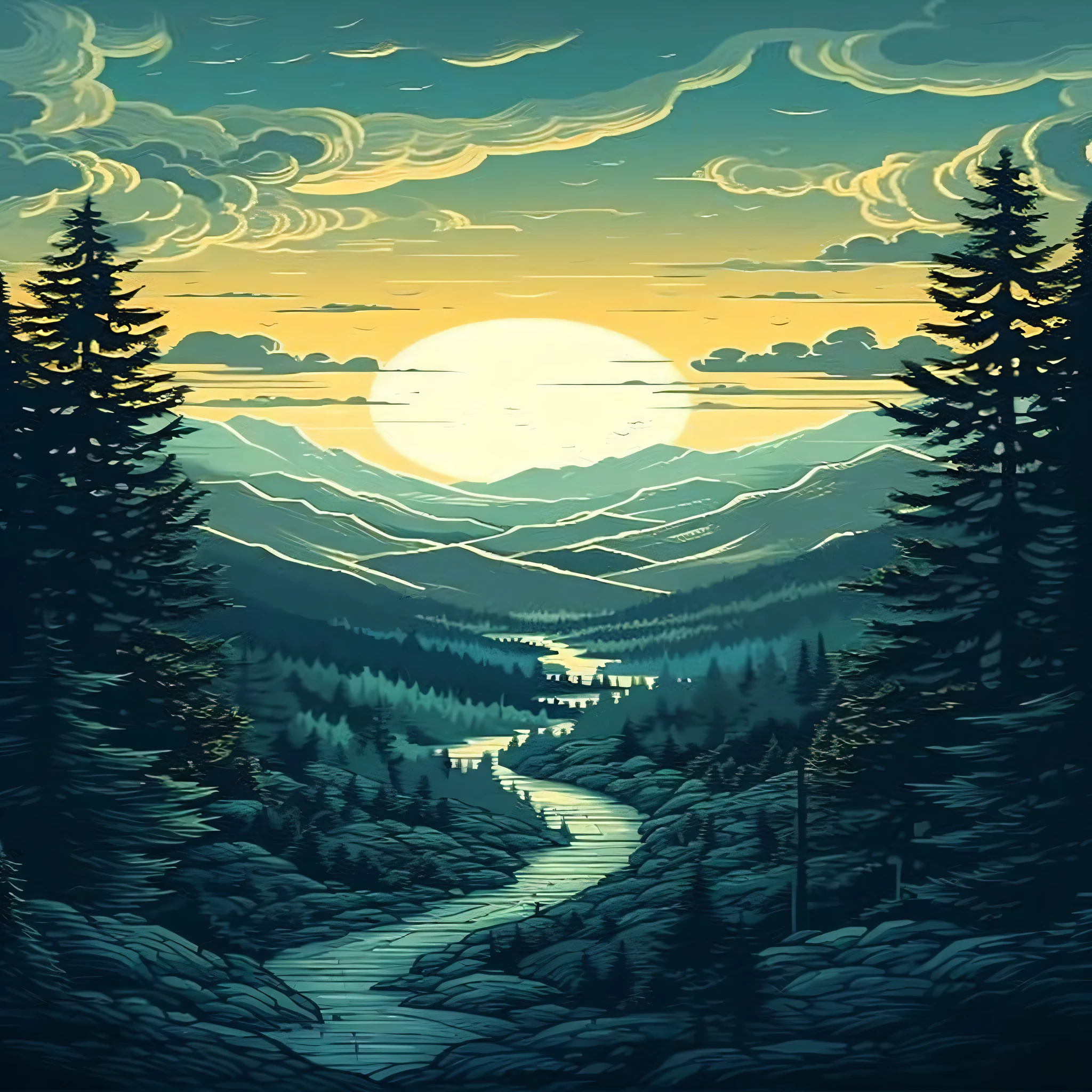 a painting of a mountain scene with a river and trees, Highly detailed vector art, Sensation three detailed, highly detailed illustration, Nice detailed illustration, Detailed landscape art, oeuvre de paysage, mountains river trees, oeuvre d&#39;Art of very high quality, by Justin Gérard, Dans le style artistique de Dan Mumford, très très très beau paysage, beautiful high contrast woodcut