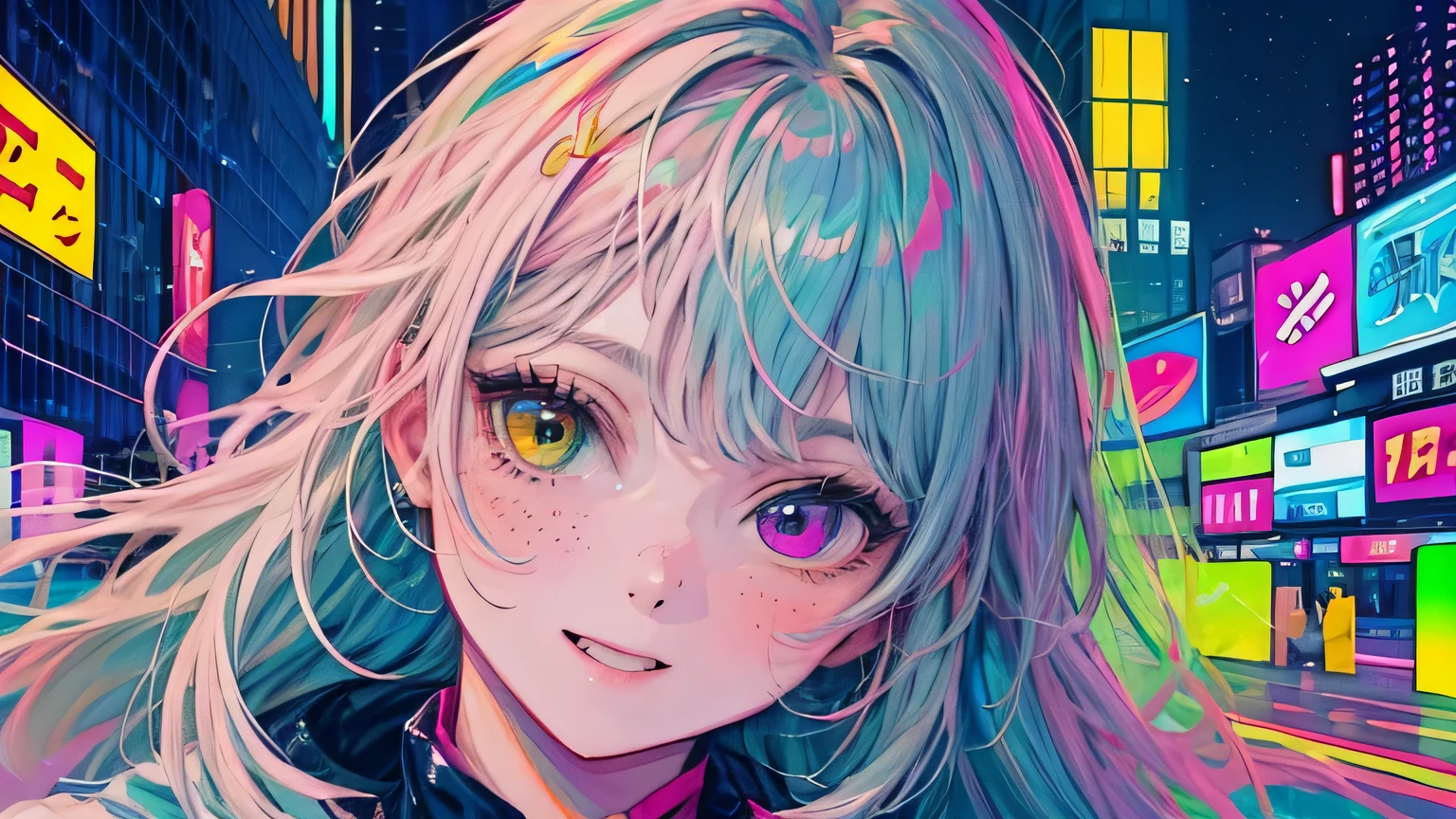 best quality, 4K wallpaper, masterpiece, extremely detailed CG unity 8k wallpaper, extremely detailed eyes, ultra-detailed, intricate details, face close up 1 happy smile shy girl in center, heterochromia, retro art style, neon pop abstract art style, public, highway road, lake, mountain, car