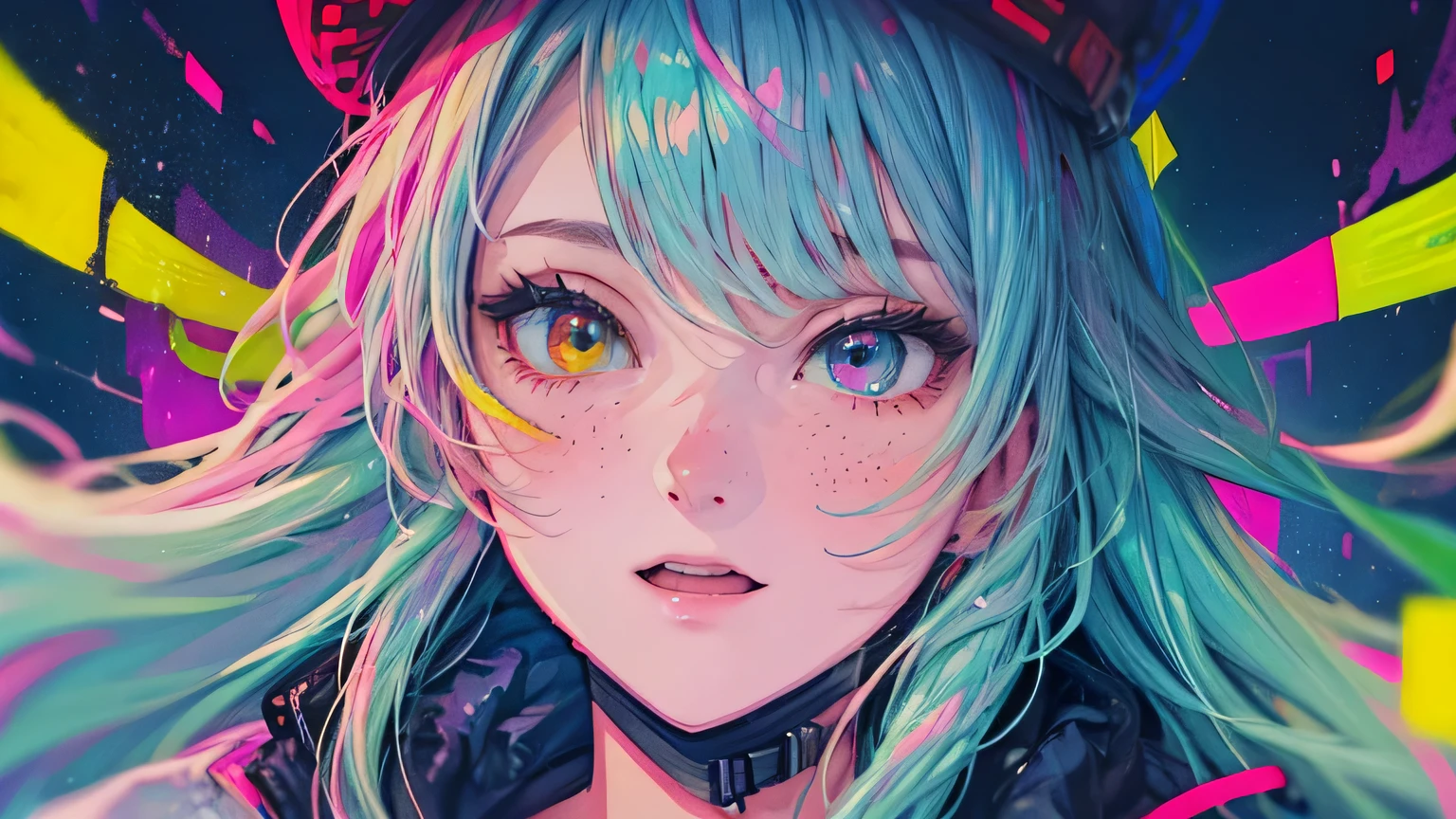 best quality, 4K wallpaper, masterpiece, extremely detailed CG unity 8k wallpaper, extremely detailed eyes, ultra-detailed, intricate details, face close up 1 happy smile shy girl in center, heterochromia, retro art style, neon pop abstract art style, public, highway road, lake, mountain, car