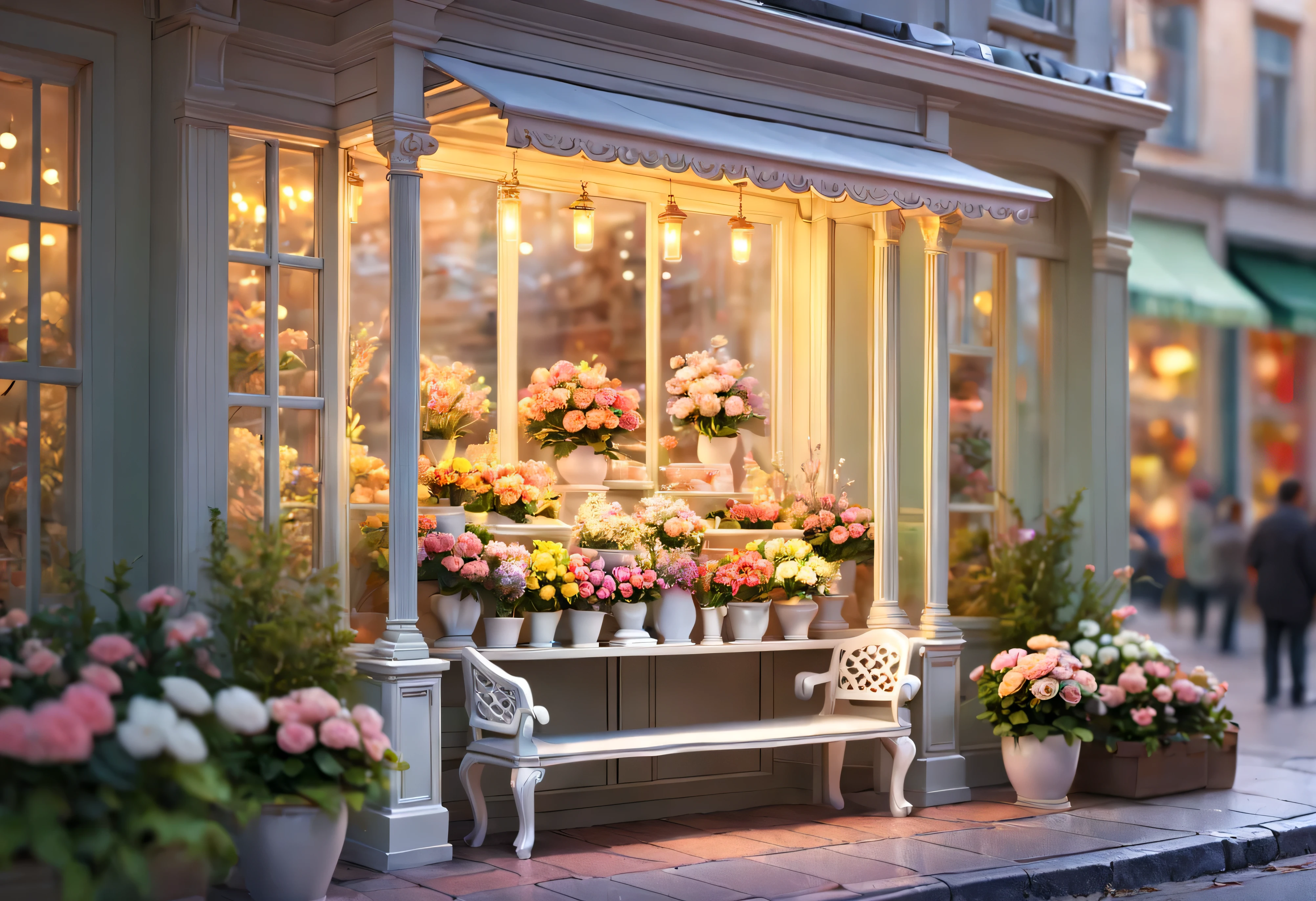 Close-up of display window seen from outside.Flower shop window displays a variety of bright and beautiful flowers.Trinkets.Decorated with tiny shiny LED lights.small factory.pastel colors,(white tone pictures.cold light)(Illustration 8k),(best quality)(intricate details)(8k)(beautiful、Personalized display window)(Extremely detailed CG unified 8k wallpaper),(Rest chair outside display cabinet), (best quality), (super detailed), (Best Best Illustration),(Best light and shadow),no humans(best quality)(intricate details)Scenes, detailed details,Romantic and refreshing.ease, super wide angle., (Detailed texture),Background covered with film grain, natural soft light,There is a bench outside the window.Long elegant white transparent window.详细Scenes, detailed details, 温暖的色彩和Sunset美景,Sunset.cloud.cloud.(Illustration 8k),(best quality)(intricate details)(8k)(Extremely detailed CG unified 8k wallpaper),(on the table), (best quality), (super detailed), (Best Best Illustration),(Best light and shadow)