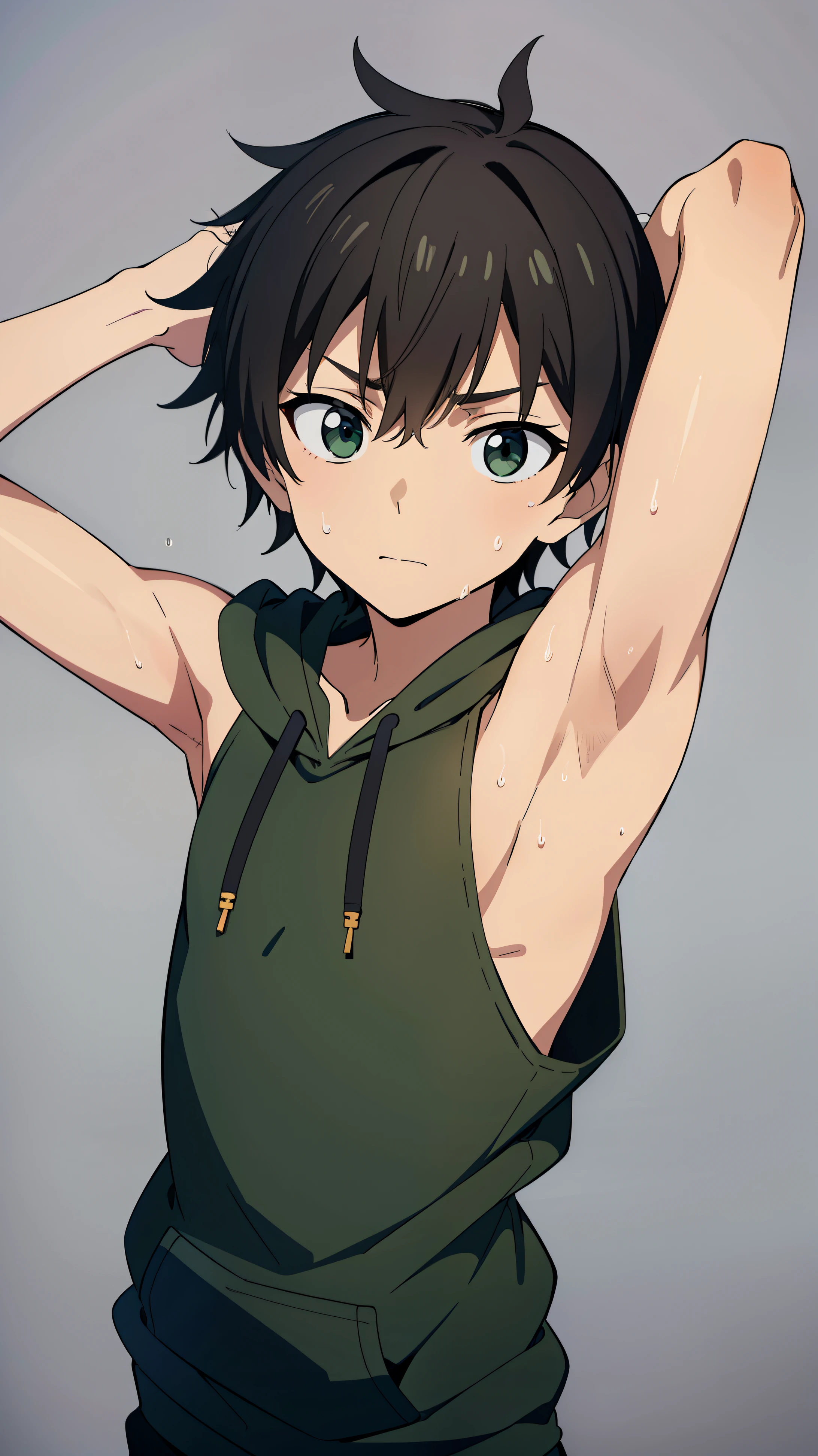 Highres, Masterpiece, Best quality at best,Best Quality,hight quality, hight detailed, Anime style, 1boy, Solo, Messy hair, Shota, Black green hoodie, Body, Sleeveless hoodie, (very small and short stature), (very young boy), (very small and short body), 12-year-old boys, (Showing armpit:1.4), Simple beckground, Sweat