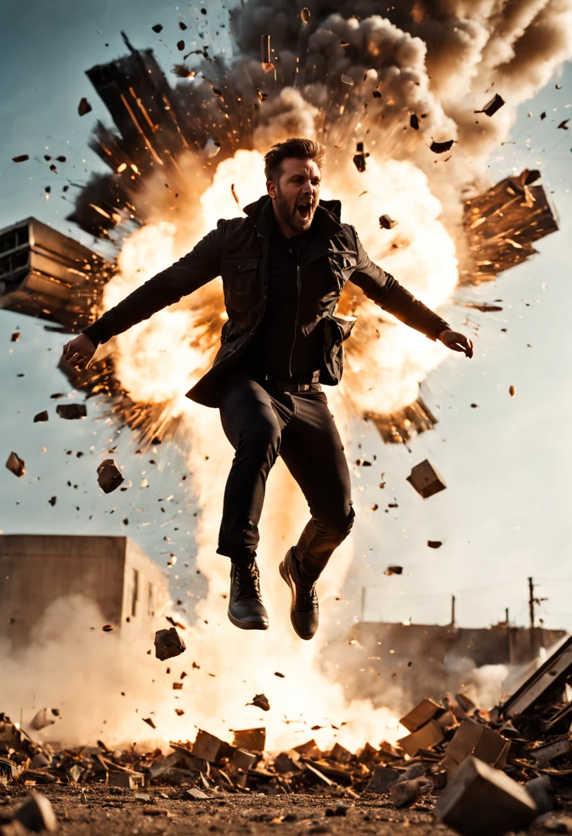 cinematic film still {A film shot capturing a climactic moment in an action sequence, realistic explosion and debris flying, hero in mid-leap, high-stakes tension, shot with a Canon EOS R8, Wide angle lens} . shallow depth of field, vignette, highly detailed, high budget, bokeh, cinemascope, moody, epic, gorgeous, film grain, grainy