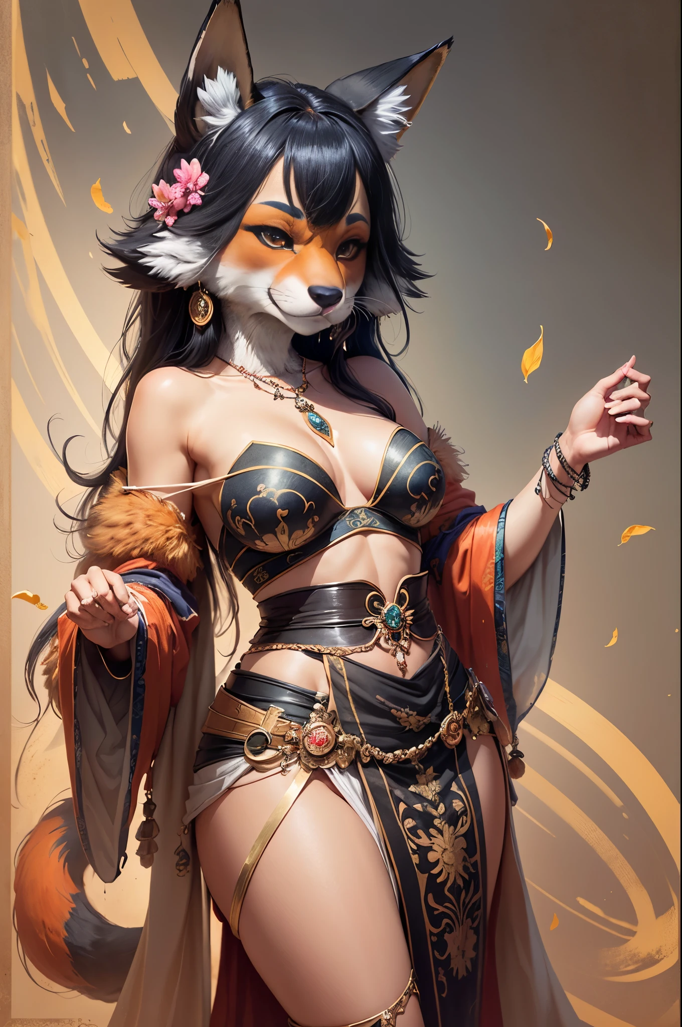 top quality, ancient Chinese beauty(highly detailed beautiful face and eyes)absurdres, perfect anatomy((beast woman, solo focus)) (((furry))) (furry anthro:1.7) ((((Furry body, fox facial features, fox body features)))) ((fox's muzzle, very detailed body fur))full body, dancing pose, gorgeous dress embroidered with intricate embroidery, transparent colorful ribbons tied around her arms, bare shoulders, open neck, wreath, black bun with flower hairpins Belts, armbands with streamers, necklaces, bracelets, anklets, metal chain tassels around the waist, Mogao Grottoes art, inspiration from Dunhuang Flying Apsaras murals, ink wash,