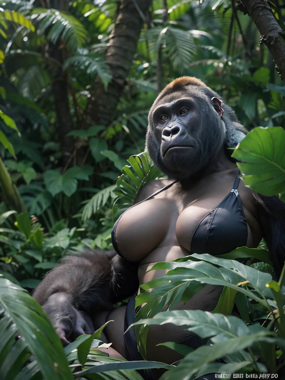 ((gorilla)), ((mega breasts)),((wearing bikini)) //sleeping, (breast squeeze:1.3), (chubby:1.2), Photo realistic, High resolution, detailed background, detailed beautiful skin, detailed nose, (solo shot:1.23), (((nice hand, perfect hand))), clear eyes,//(((in the jungle)))