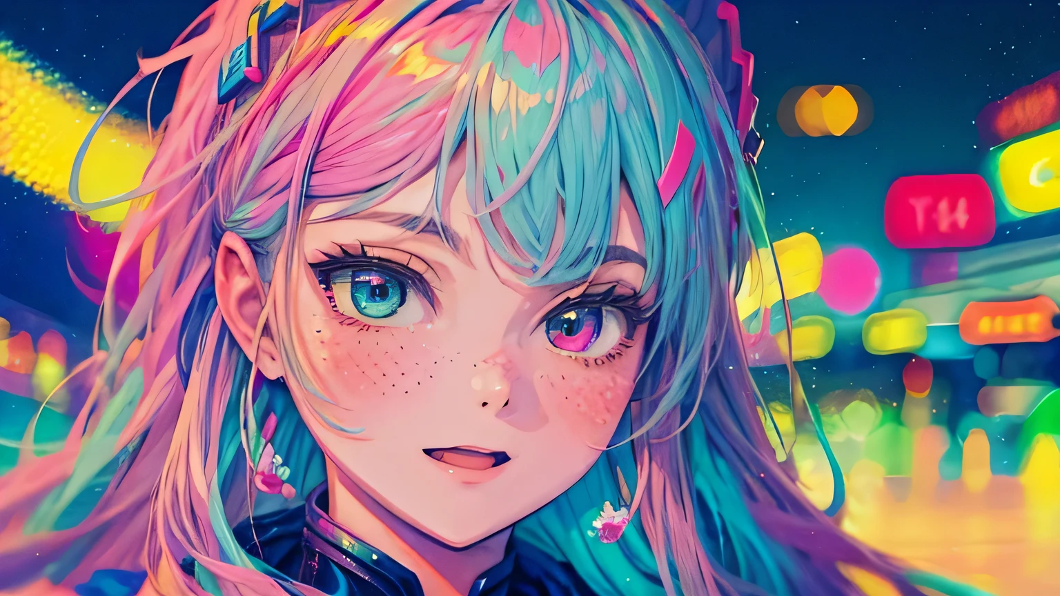 best quality, 4K wallpaper, masterpiece, extremely detailed CG unity 8k wallpaper, extremely detailed eyes, ultra-detailed, intricate details, face close up 1 happy smile shy girl in center, heterochromia, retro art style, neon pop abstract art style, public, highway road, lake, mountain, car