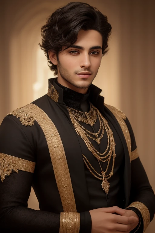 A stunning portrait of a young man in his early twenties, of Arabic origins, boasting short black hair and captivating black eyes. Dressed in an enchanting fantasy outfit, this handsome man radiates charm and allure. With a loose painting style, the intricate details of his features are expertly captured, allowing for a lifelike representation. Cinematic lighting illuminates his strong jawline, accentuating the deep creases of his eyes and the subtle stubble on his chin. The volumetric lighting adds a dreamy, ethereal quality to the image, making for a truly mesmerizing masterpiece. (High definition, 8k render, ultra-realistic, award
