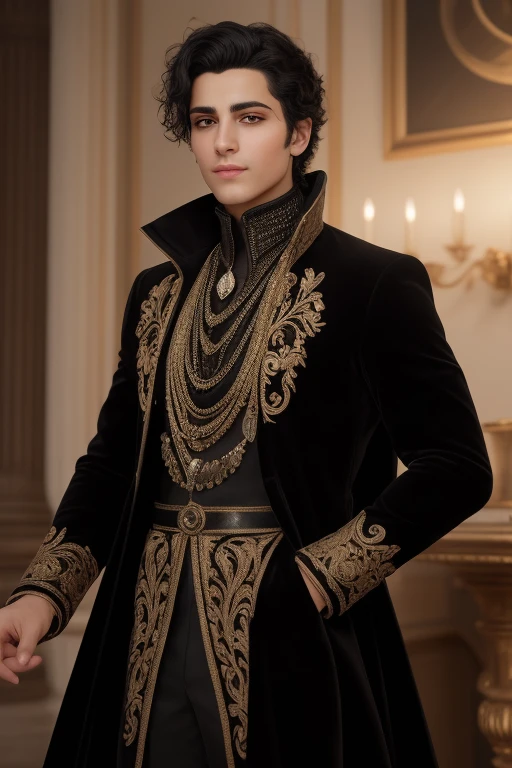 A stunning portrait of a young man in his early twenties, of Arabic origins, boasting short black hair and captivating black eyes. Dressed in an enchanting fantasy outfit, this handsome man radiates charm and allure. With a loose painting style, the intricate details of his features are expertly captured, allowing for a lifelike representation. Cinematic lighting illuminates his strong jawline, accentuating the deep creases of his eyes and the subtle stubble on his chin. The volumetric lighting adds a dreamy, ethereal quality to the image, making for a truly mesmerizing masterpiece. (High definition, 8k render, ultra-realistic, award