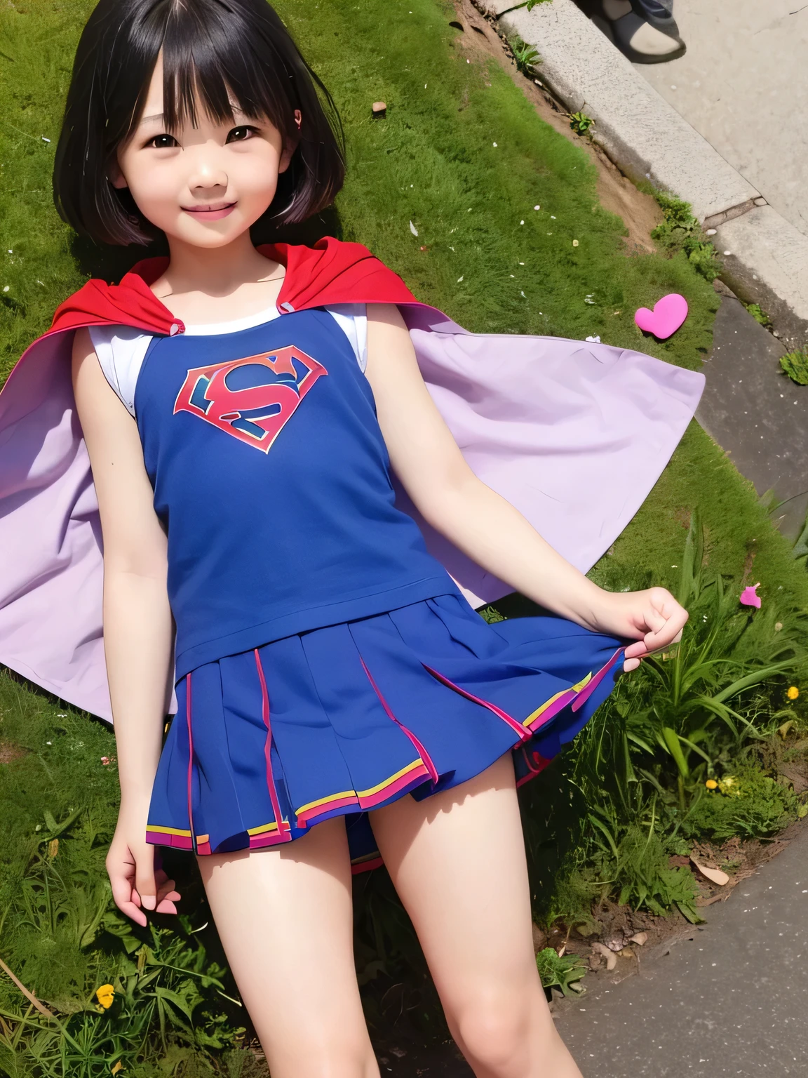 A very elementary school student is wearing Supergirl clothes..、clear pictureasterpiece、highest quality、Spreading black hair、bob cut with trimmed ends、(flat chest)、lolicon、blue clothes、red cloak、short sleeve、belly button、many pink hearts、tropical beach、(whole body)、smile、10 years old