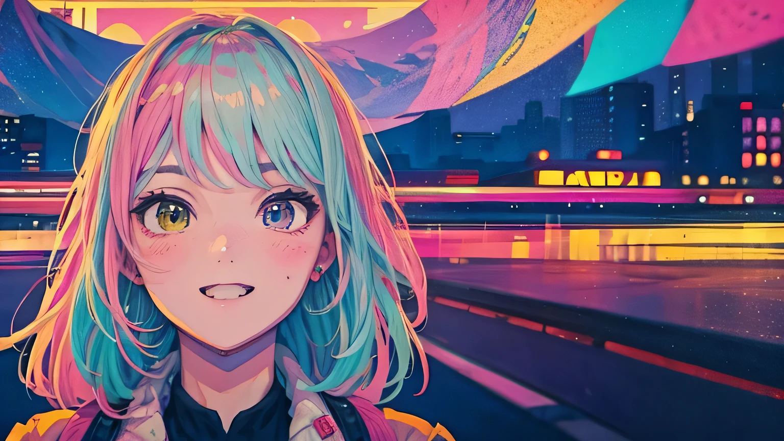 best quality, 4K wallpaper, masterpiece, extremely detailed CG unity 8k wallpaper, extremely detailed eyes, ultra-detailed, intricate details, face close up 1 happy smile shy girl in center, heterochromia, retro art style, neon pop abstract art style, public, highway road, lake, mountain, car