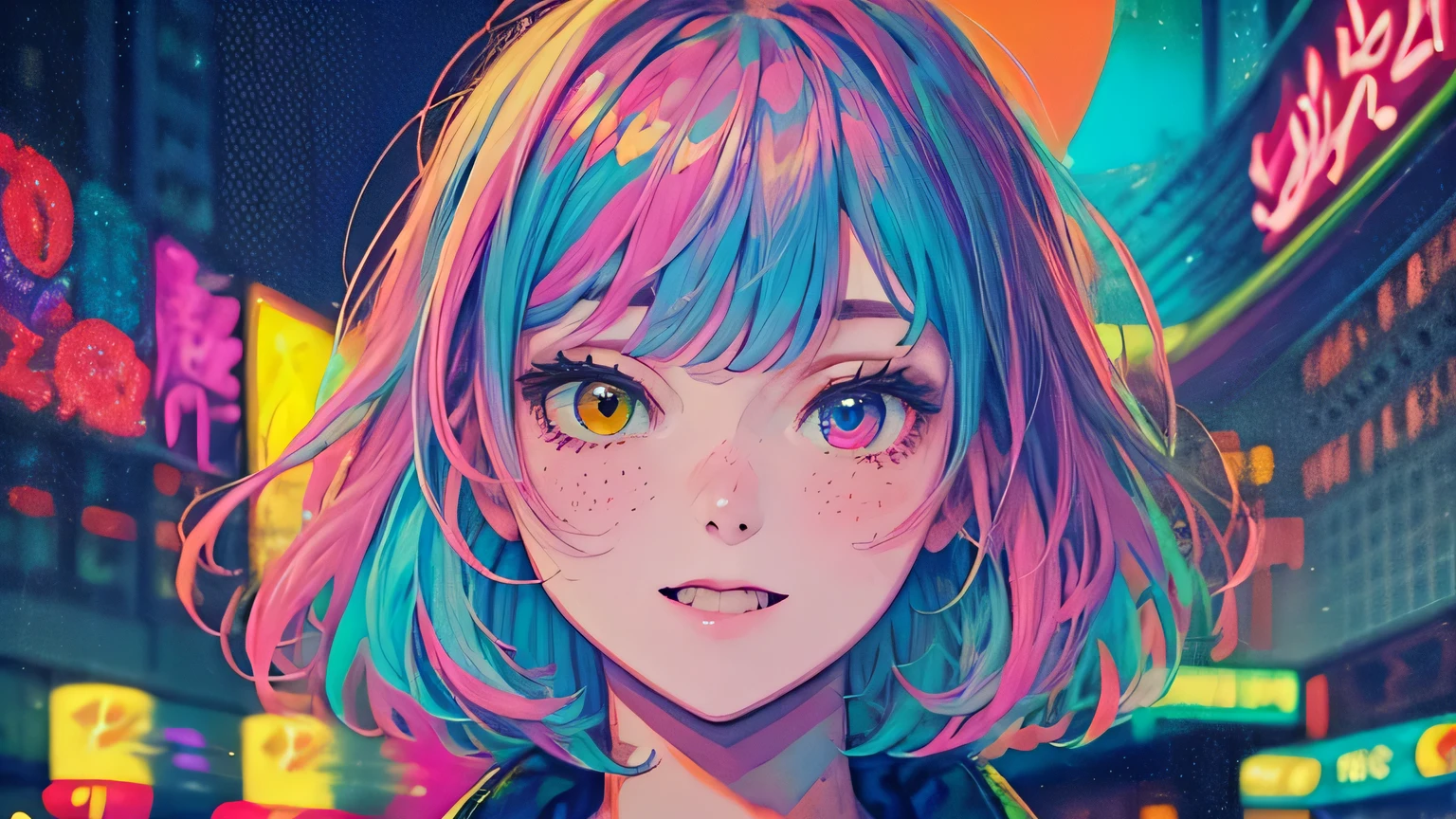 best quality, 4K wallpaper, masterpiece, extremely detailed CG unity 8k wallpaper, extremely detailed eyes, ultra-detailed, intricate details, face close up 1 happy smile shy girl in center, heterochromia, retro art style, neon pop abstract art style, public, highway road, lake, mountain, car