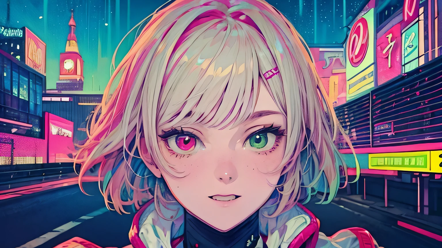 best quality, 4K wallpaper, masterpiece, extremely detailed CG unity 8k wallpaper, extremely detailed eyes, ultra-detailed, intricate details, face close up 1 happy smile shy girl in center, heterochromia, retro art style, neon pop abstract art style, public, highway road, lake, mountain, car