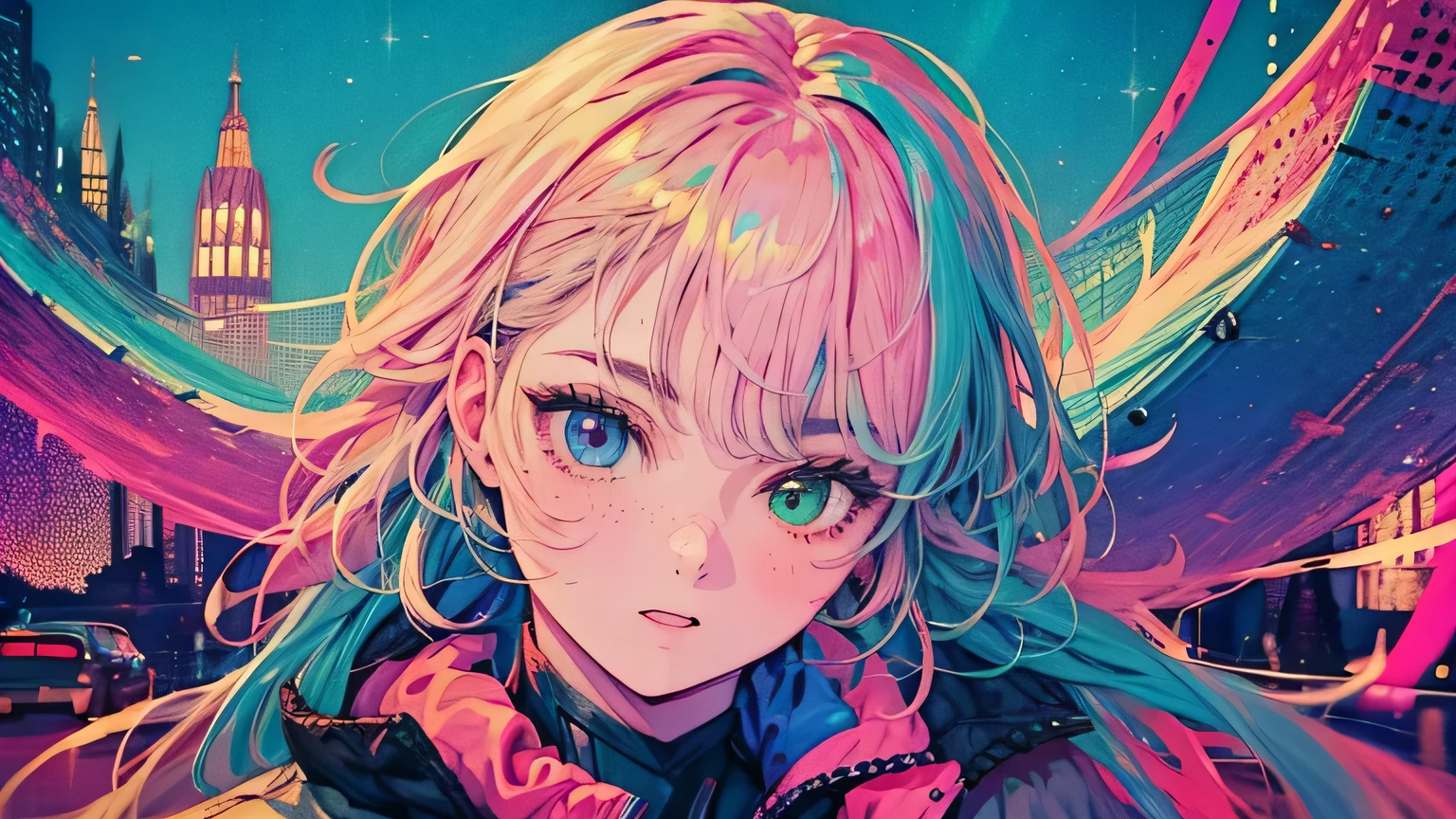 best quality, 4K wallpaper, masterpiece, extremely detailed CG unity 8k wallpaper, extremely detailed eyes, ultra-detailed, intricate details, face close up 1 happy smile shy girl in center, heterochromia, retro art style, neon pop abstract art style, public, highway road, lake, mountain, car