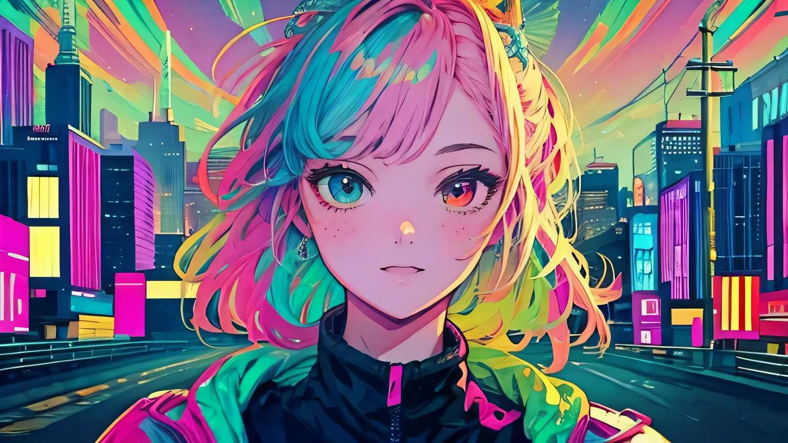 best quality, 4K wallpaper, masterpiece, extremely detailed CG unity 8k wallpaper, extremely detailed eyes, ultra-detailed, intricate details, face close up 1 happy smile shy girl in center, heterochromia, retro art style, neon pop abstract art style, public, highway road, lake, mountain, car