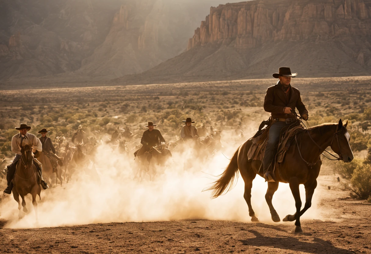 (western movie footage: 1.32) a cowboy in the old west, deserted town, classic western costumes, cowboy hat and boots, dusty atmosphere, sunlight casting long shadows, saddle, revolvers, holsters, rides on horseback, sunset silhouette, authentic western props and scenery, cowboy riding into the sunset, cinematic wide-angle shots, warm color grading, light flare effects, intricate costume details, spurs, authentic cowboy dialogue, gunfights, Classic western soundtrack, movie camera capturing the action, thrilling horse. chase scenes, rugged landscapes, mesas and cannons, swirling dust clouds, horse carts, authentic Hollywood-style production, values ​​the history and spirit of the Wild West, cowboy hat with a feather, echoes of the Old West, trick shots pistol, Horseback riding stunts, effortless cool cowboys, adventurous spirit, tough cowboys, iconic cowboy poses, barrel racing competition, rodeo style action shots, majestic sunrise, authentic saloon interior, wooden doors with bat wings , cowboy silhouette against the setting sun, fishtail braids Cowboy Showdown at Noon, classic western cinematic shots, authenticity and attention to detail in every scene.