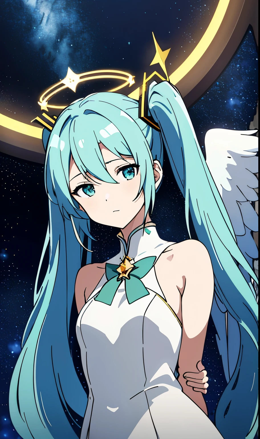 masterpiece, best quality, hatsune miku, white gown, angel, angel wings, golden halo, dark background, upper body, (closed mouth:1.2), looking at viewer, arms behind back, blue theme, stars, starry night