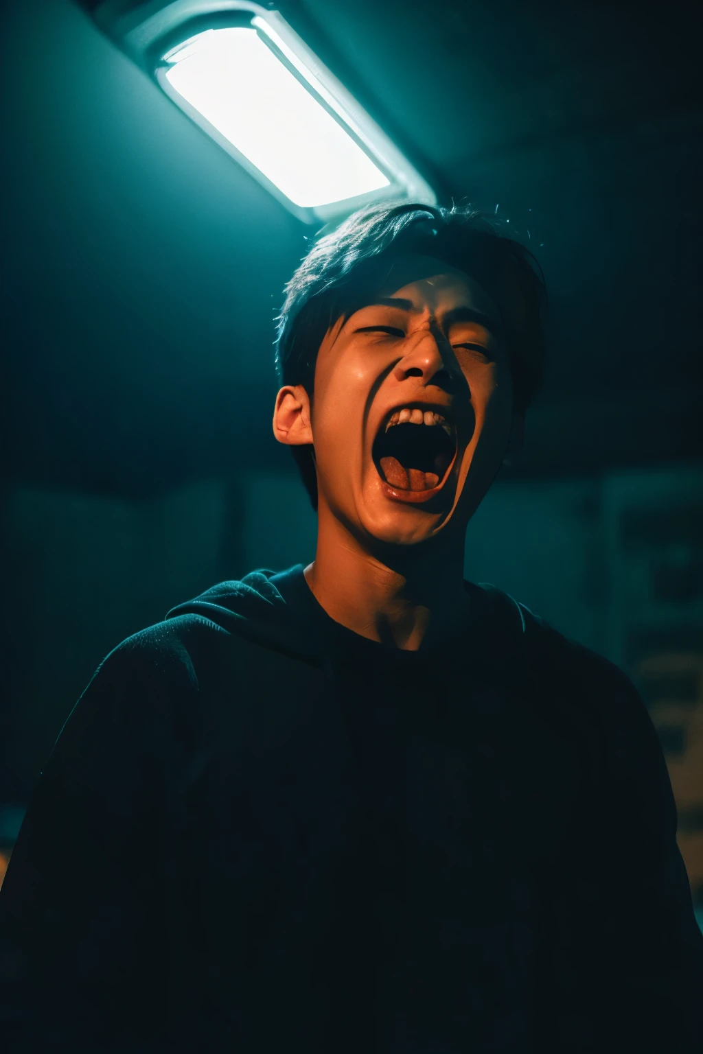 The face of a Korean man screaming in the dark of night