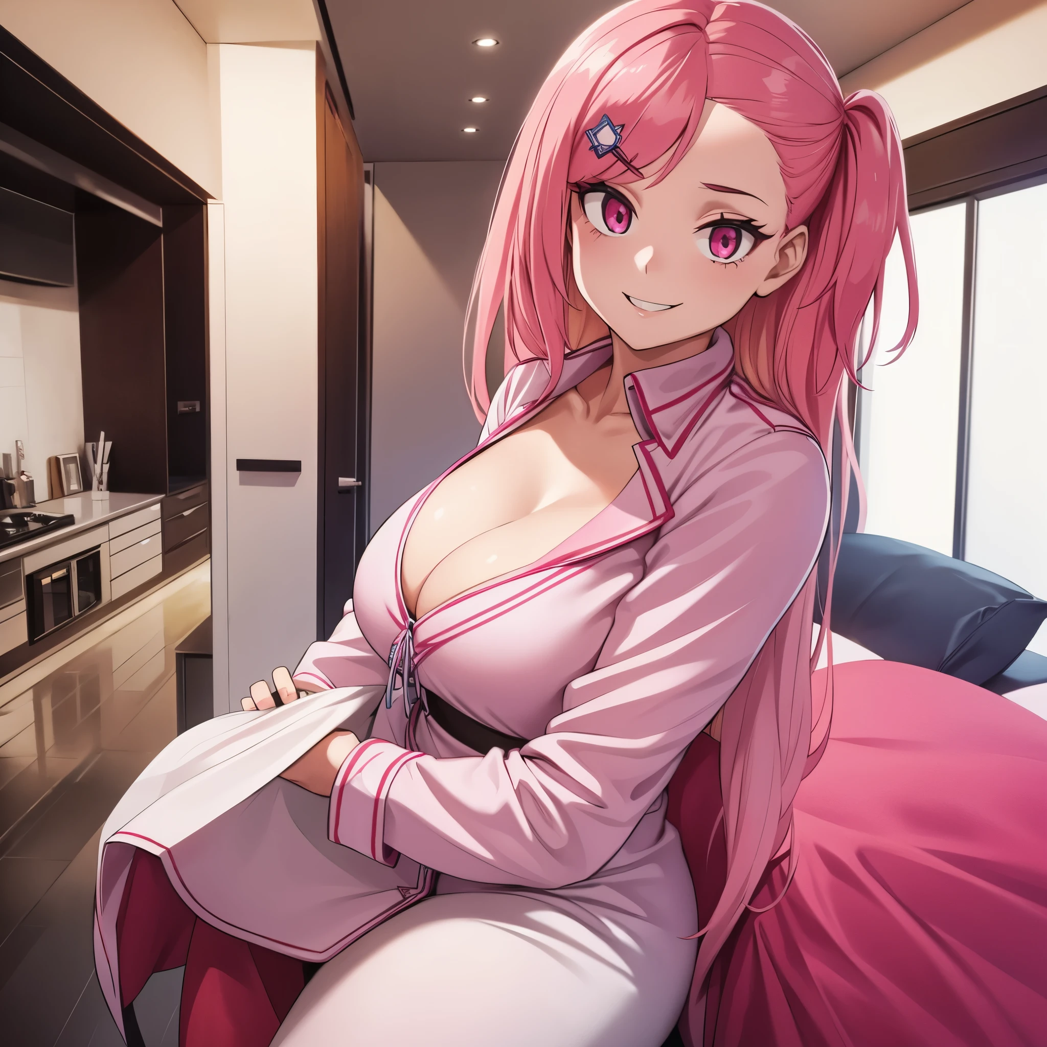 a girl in a modern house, pink hair, pink eyes, smiling, big breasts, symbol of isreal