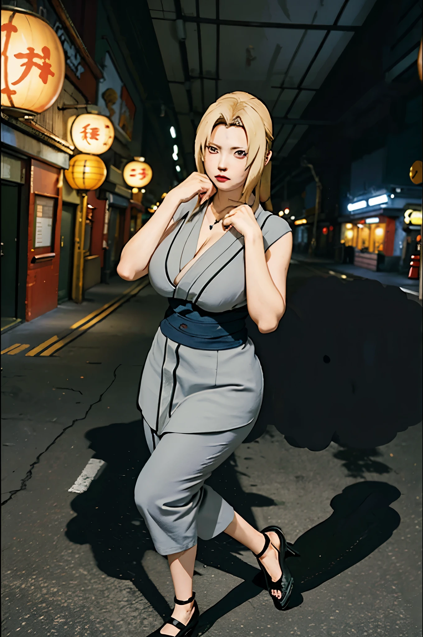Best quality, masterpiece, ultra high res, (photorealistic:1.4), blond woman in a gray dress, black pants, and kungfu shoes standing in a city street, tsunade from naruto, posing in neo - tokyo futuristic, yayoi kasuma, inspired by Tadanori Yokoo, in neo tokyo, kunoichi, mid shot portrait, japanese woman, big curvy breast, cleavage, (huge tits), cleavage, good anatomy, masterpiece, best quality, 4k, 8k, professional photography, soft light, sharp focus, 1 girl, blonde hair, kimono, (mountai), clouds, blonde hair, parted banks, detailed face+brown eyes, smile, closed lips, lipstick, bookshelves, windows,realistic, Tsunade in anime (Naruto),qualiti detail higt ,HDR photos
