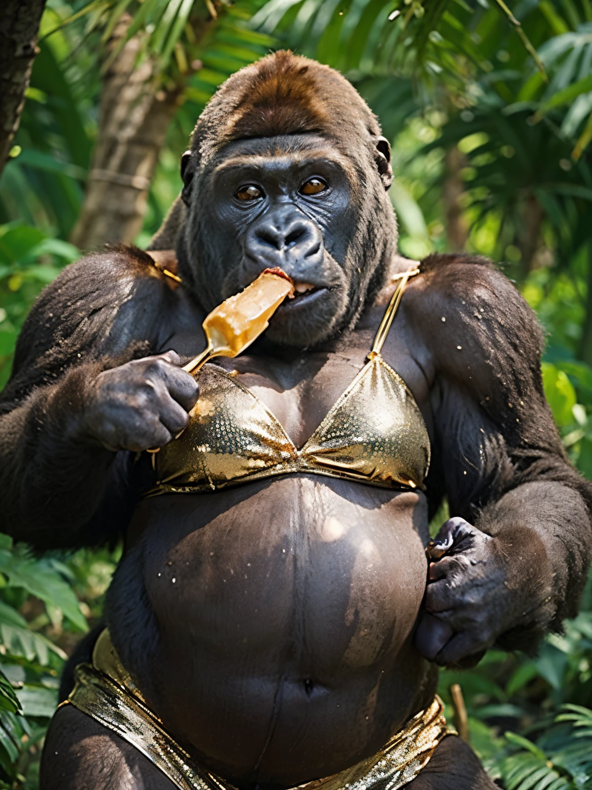 ((gorilla)), ((mega breasts)),((wearing gold bikini)) //eating, (breast squeeze:1.3), (chubby:1.2), Photo realistic, High resolution, detailed background, detailed beautiful skin, detailed nose, (solo shot:1.23), (((nice hand, perfect hand))), clear eyes,//