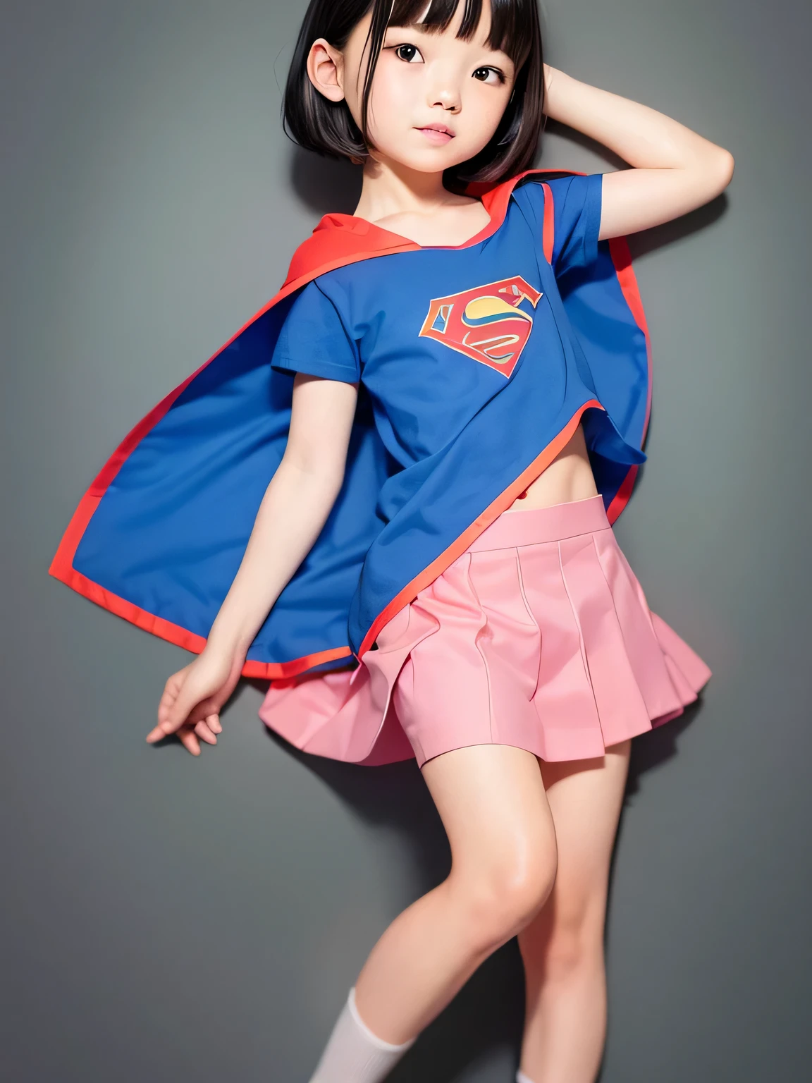 A  is wearing Supergirl clothes..、clear pictureasterpiece、highest quality、Spreading black hair、bob cut with trimmed ends、(flat chest)、lolicon、blue clothes、red cloak、short sleeve、belly button、many pink hearts、tropical beach、(whole body)、smile、10 years old