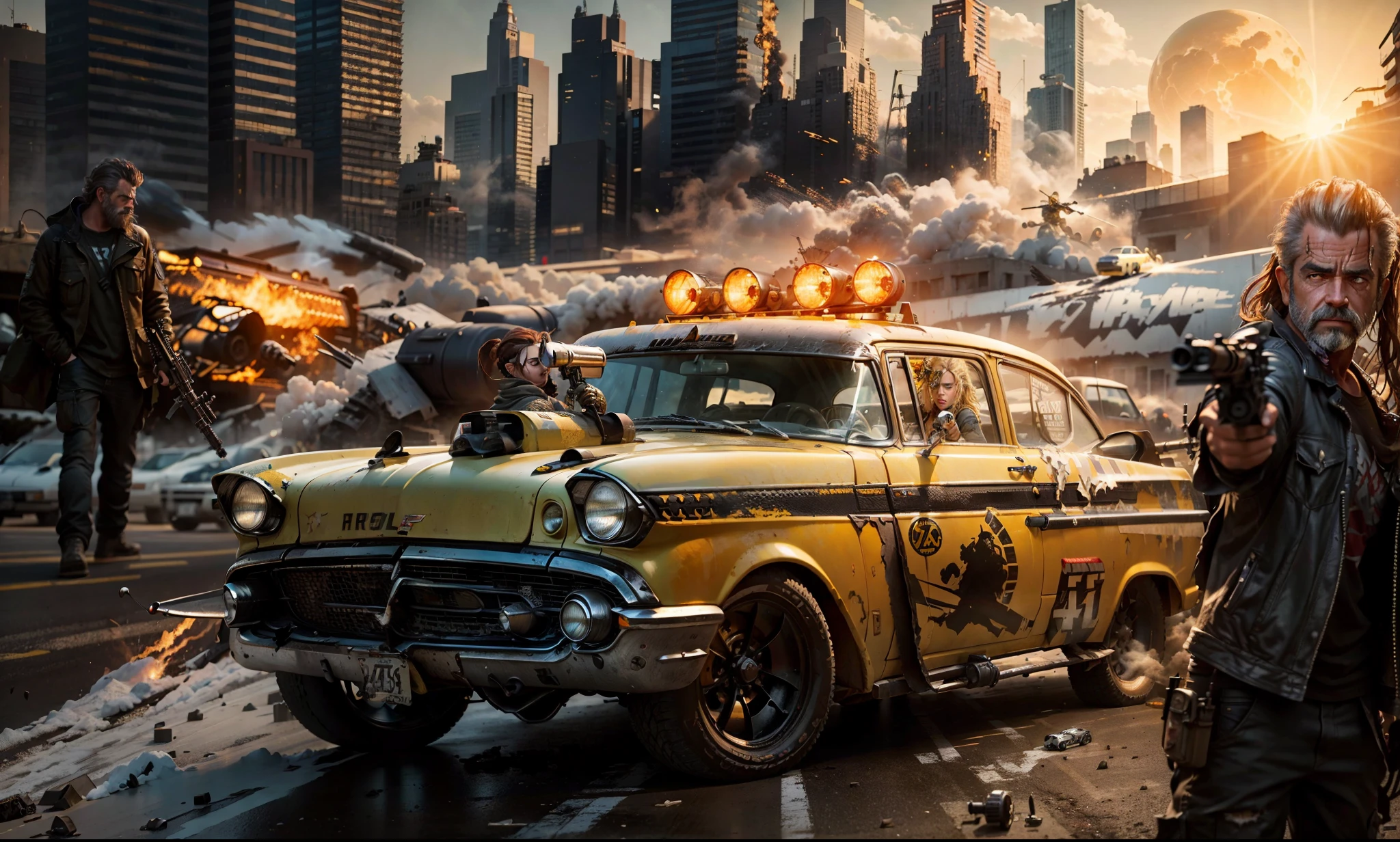 A grunge and deteriored YELLOW Chevy 57 TAXI transformed in a battle car with missiles and machine gun with an warrior man Mel Gibson in the left side holding a rifle and a warrior woman with a gun in the hands in the right side, in the background there's a huge city with a lot of shosts buildings and a large sun shining