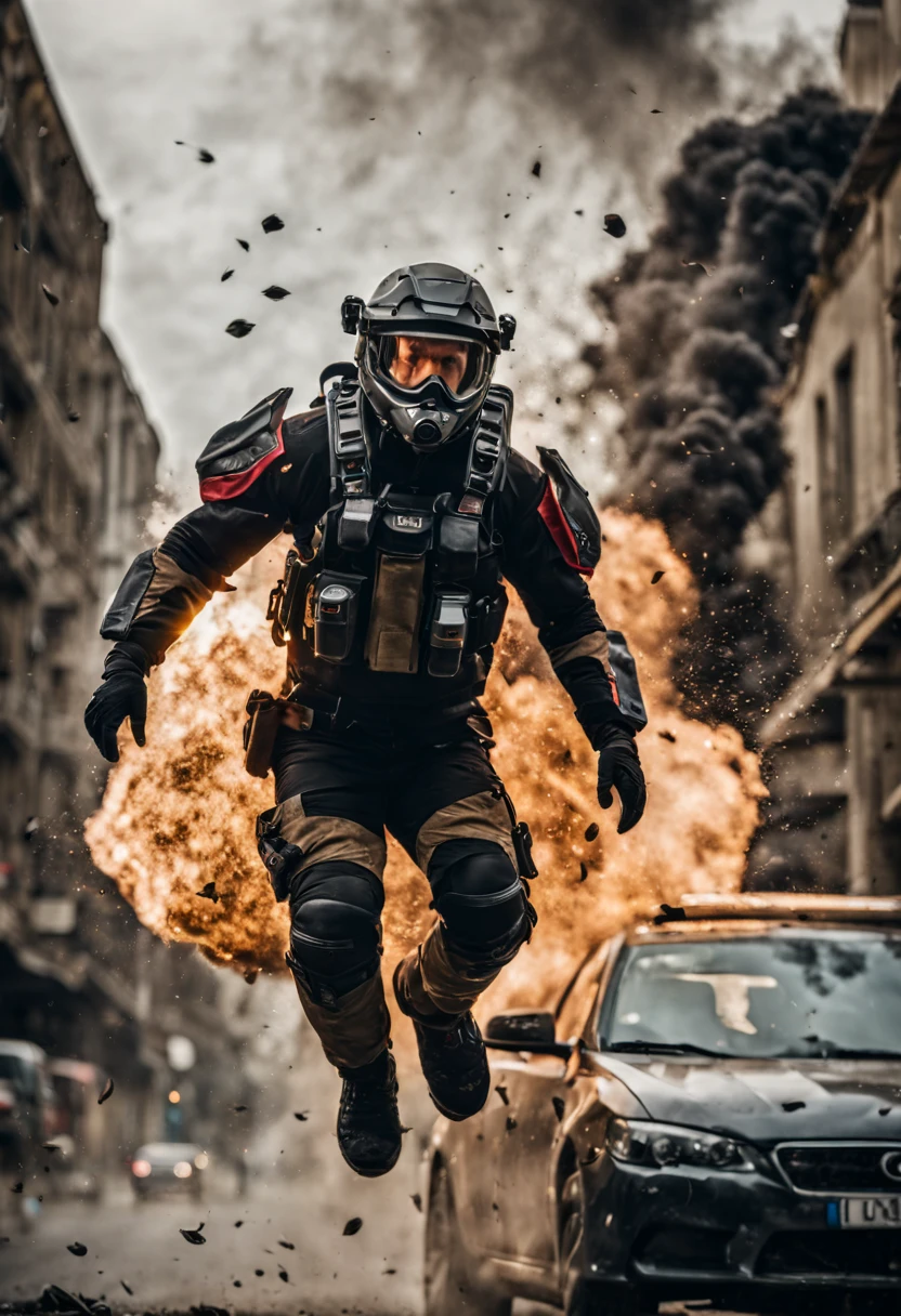firefighter, realistic, 4k, cinematic, boy, cute, 26 years old, charismatic, helmet, protective pants, black themed clothes, running towards the camera, full steam, burning building, night,