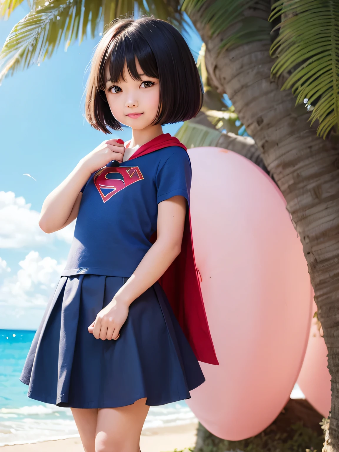 A very elementary school student is wearing Supergirl clothes..、clear pictureasterpiece、highest quality、Spreading black hair、bob cut with trimmed ends、(flat chest)、lolicon、blue clothes、red cloak、short sleeve、belly button、many pink hearts、tropical beach、(whole body)、smile、10 years old