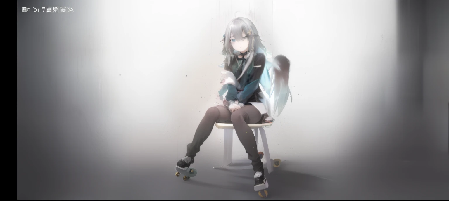 anime girl in black and white with long hair and a skateboard, the anime girl is crouching, anime still frame, sitting down casually, in an anime, sitting down, ( ( ( yoshinari yoh ) ) ), in the anime film, sitting on a chair, still from tv anime, iwakura lain, sitting on the ground, atmospheric anime