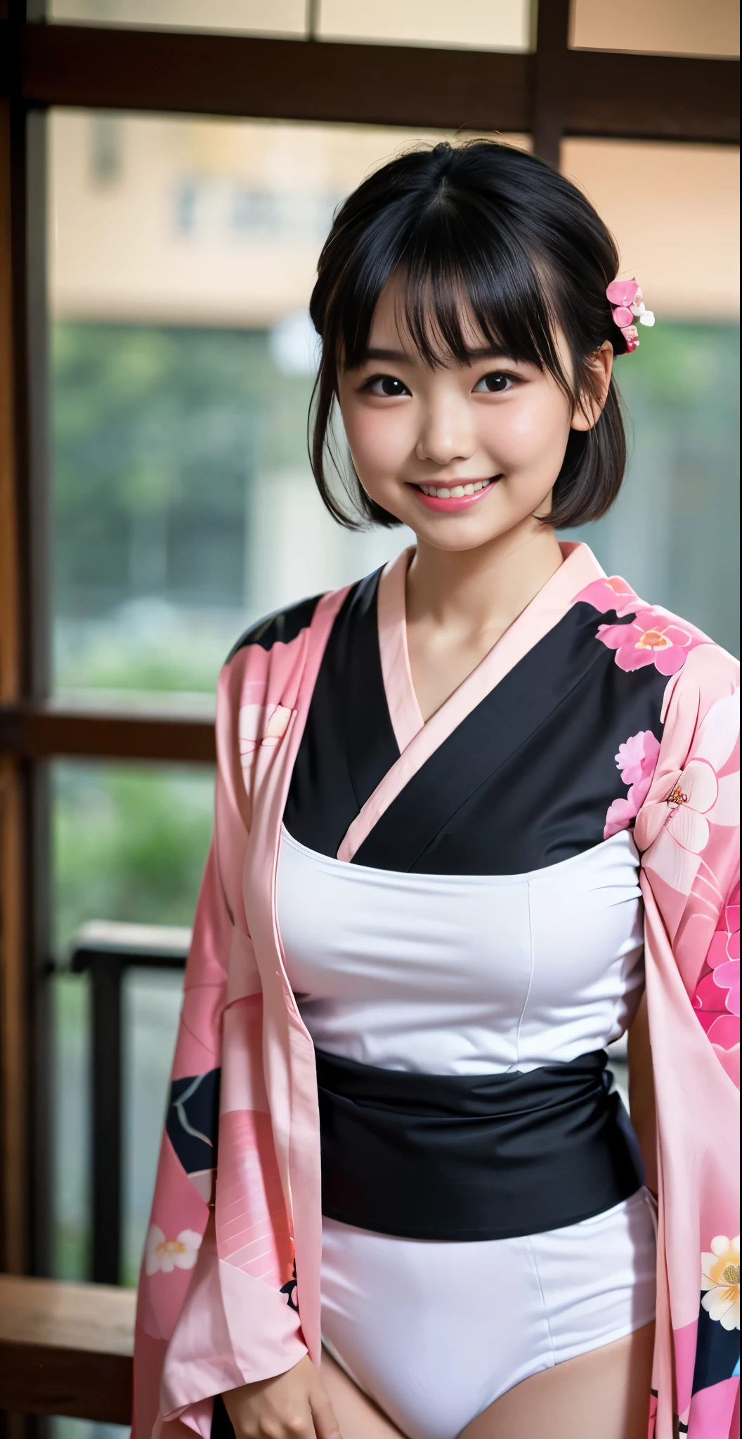 （8k、Raw photography、highest quality、masterpiece：1.2),(black haired、very short hair:1.9),show viewer,Looking at the front,erotic,白いskin,(pink ranger、kimono ranger、Beautiful Girl Kimono Squadron、She wears a kimono with a colorful floral pattern.:1.7)、(Clothing that emphasizes the shape of your chest、publish one&#39;skin:1.4)、(big breasts :1.3)、slim body shape、ultra high resolution,beautiful,beautiful fece,(alone, alone、no background:1.9),whole bodyボディー,japanese woman,（Photoreal：1.37）、photon mapping,reality、(Baby-faced and cute: 1.0)、(cute smile: 1.7)、(With a round face: 1.8)、radio city、Physically based rendering、depth of field rally background、photograph, (I can see your knees,close up of thighs、Kimono that is too short、show white panties:1.4),whole body、super fine