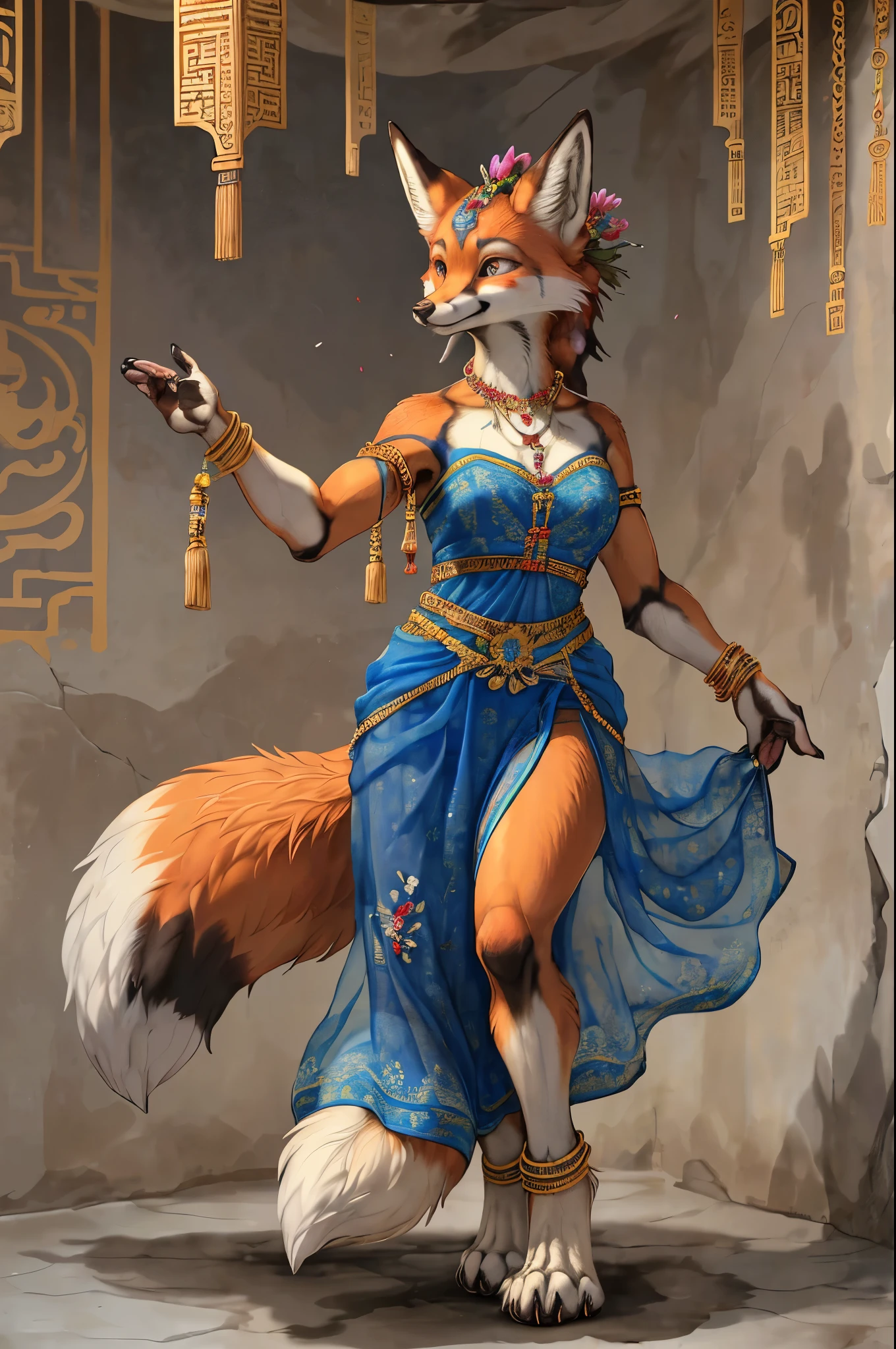 top quality, ancient Chinese beauty(highly detailed beautiful face and eyes)absurdres, perfect anatomy((beast woman, solo focus)) (((furry))) (furry anthro:1.7) ((((Furry body, fox facial features, fox body features)))) ((fox's muzzle, very detailed body fur))full body, dancing pose, gorgeous dress embroidered with intricate embroidery, transparent colorful ribbons tied around her arms, bare shoulders, open neck, wreath, black bun with flower hairpins Belts, armbands with streamers, necklaces, bracelets, anklets, metal chain tassels around the waist, Mogao Grottoes art, inspiration from Dunhuang Flying Apsaras murals, ink wash,