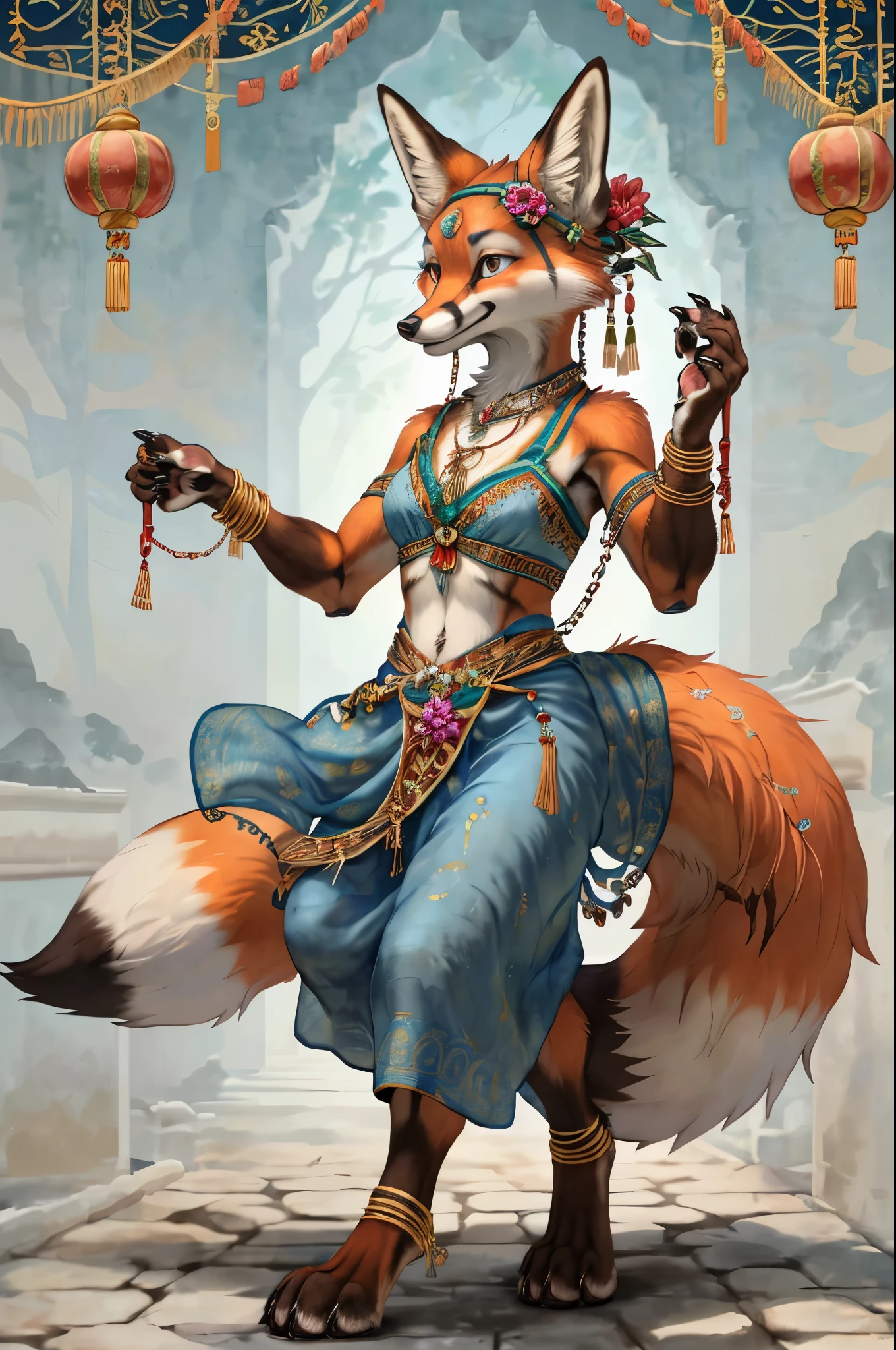 top quality, ancient Chinese beauty(highly detailed beautiful face and eyes)absurdres, perfect anatomy((beast woman, solo focus)) (((furry))) (furry anthro:1.7) ((((Furry body, fox facial features, fox body features)))) ((fox's muzzle, very detailed body fur))full body, dancing pose, gorgeous dress embroidered with intricate embroidery, transparent colorful ribbons tied around her arms, bare shoulders, open neck, wreath, black bun with flower hairpins Belts, armbands with streamers, necklaces, bracelets, anklets, metal chain tassels around the waist, Mogao Grottoes art, inspiration from Dunhuang Flying Apsaras murals, ink wash,