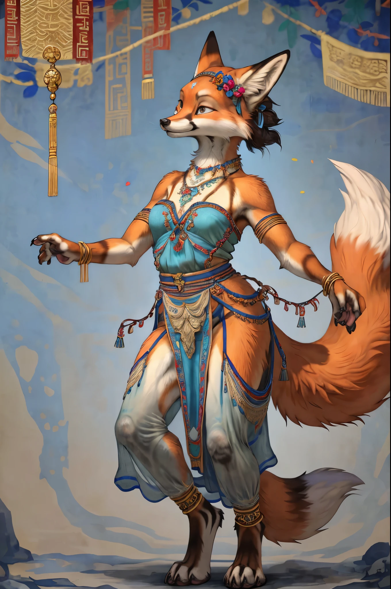 top quality, ancient Chinese beauty(highly detailed beautiful face and eyes)absurdres, perfect anatomy((beast woman, solo focus)) (((furry))) (furry anthro:1.7) ((((Furry body, fox facial features, fox body features)))) ((fox's muzzle, very detailed body fur))full body, dancing pose, gorgeous dress embroidered with intricate embroidery, transparent colorful ribbons tied around her arms, bare shoulders, open neck, wreath, black bun with flower hairpins Belts, armbands with streamers, necklaces, bracelets, anklets, metal chain tassels around the waist, Mogao Grottoes art, inspiration from Dunhuang Flying Apsaras murals, ink wash,