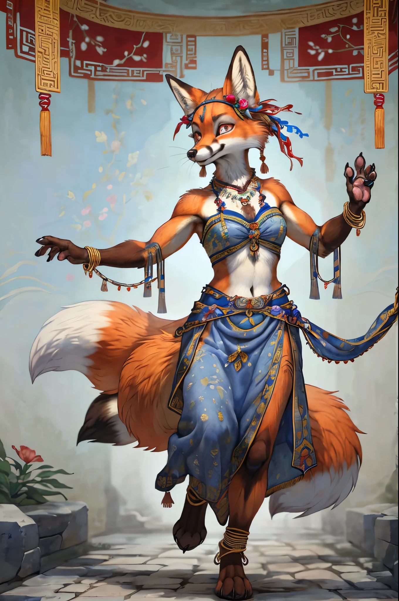 top quality, ancient Chinese beauty(highly detailed beautiful face and eyes)absurdres, perfect anatomy((beast woman, solo focus)) (((furry))) (furry anthro:1.7) ((((Furry body, fox facial features, fox body features)))) ((fox's muzzle, very detailed body fur))full body, dancing pose, gorgeous dress embroidered with intricate embroidery, transparent colorful ribbons tied around her arms, bare shoulders, open neck, wreath, black bun with flower hairpins Belts, armbands with streamers, necklaces, bracelets, anklets, metal chain tassels around the waist, Mogao Grottoes art, inspiration from Dunhuang Flying Apsaras murals, ink wash,