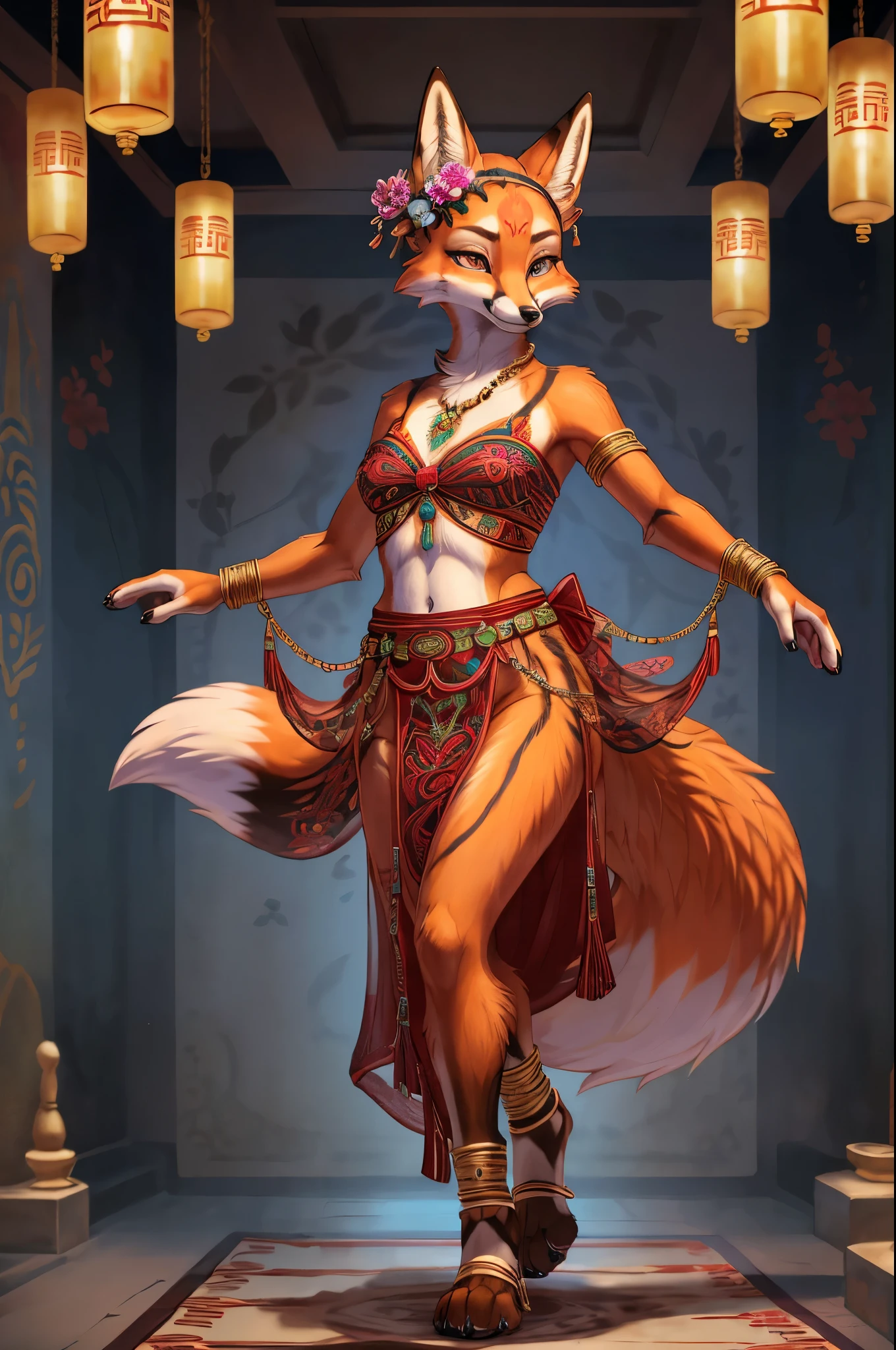 top quality, ancient Chinese beauty(highly detailed beautiful face and eyes)absurdres, perfect anatomy((beast woman, solo focus)) (((furry))) (furry anthro:1.7) ((((Furry body, fox facial features, fox body features)))) ((fox's muzzle, very detailed body fur))full body, dancing pose, gorgeous dress embroidered with intricate embroidery, transparent colorful ribbons tied around her arms, bare shoulders, open neck, wreath, black bun with flower hairpins Belts, armbands with streamers, necklaces, bracelets, anklets, metal chain tassels around the waist, Mogao Grottoes art, inspiration from Dunhuang Flying Apsaras murals, ink wash,