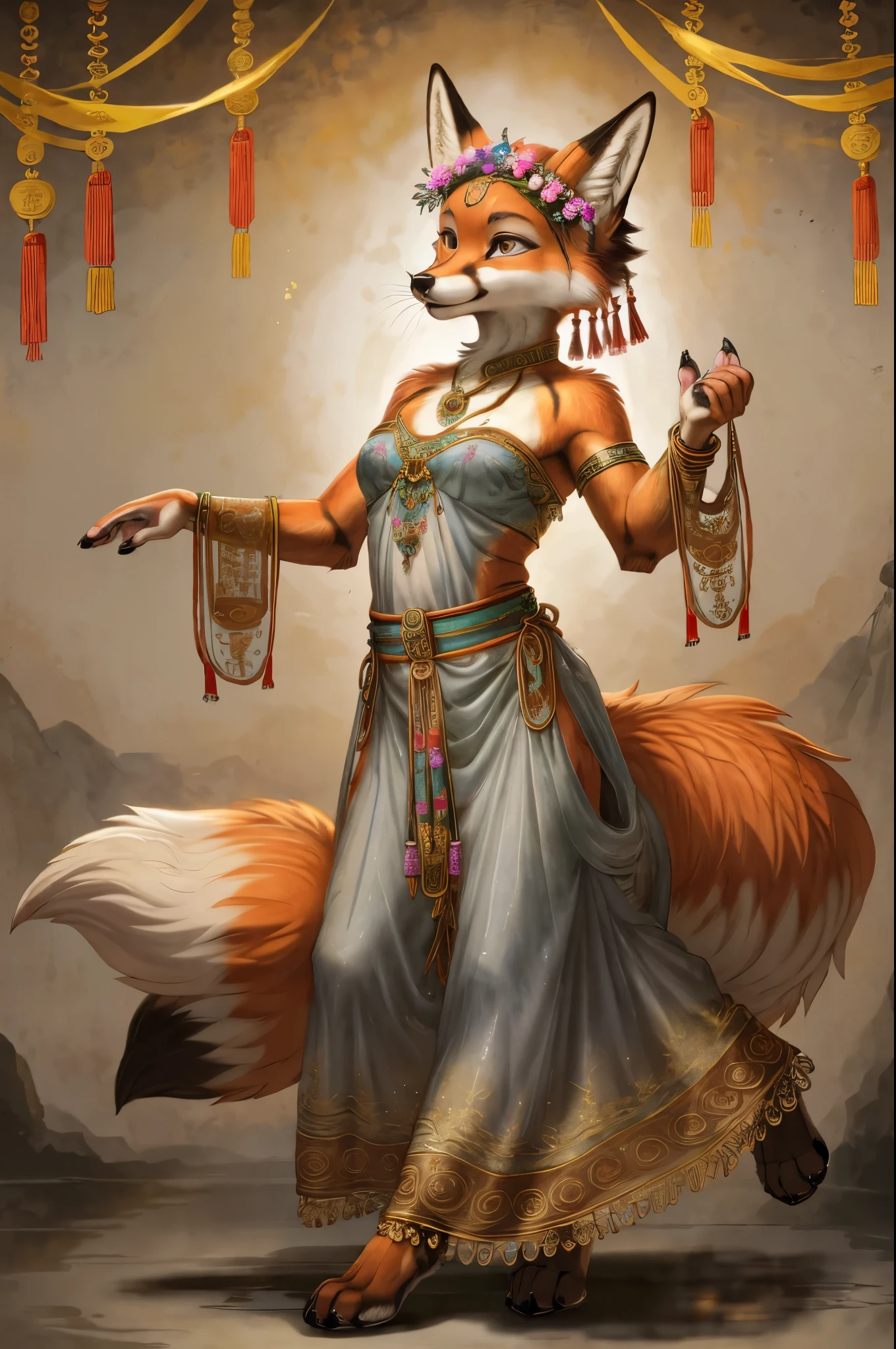 top quality, ancient Chinese beauty(highly detailed beautiful face and eyes)absurdres, perfect anatomy((beast woman, solo focus)) (((furry))) (furry anthro:1.7) ((((Furry body, fox facial features, fox body features)))) ((fox's muzzle, very detailed body fur))full body, dancing pose, gorgeous dress embroidered with intricate embroidery, transparent colorful ribbons tied around her arms, bare shoulders, open neck, wreath, black bun with flower hairpins Belts, armbands with streamers, necklaces, bracelets, anklets, metal chain tassels around the waist, Mogao Grottoes art, inspiration from Dunhuang Flying Apsaras murals, ink wash,