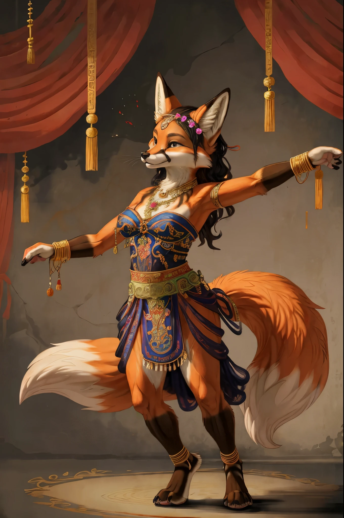 top quality, ancient Chinese beauty(highly detailed beautiful face and eyes)absurdres, perfect anatomy((beast woman, solo focus)) (((furry))) (furry anthro:1.7) ((((Furry body, fox facial features, fox body features)))) ((fox's muzzle, very detailed body fur))full body, dancing pose, gorgeous dress embroidered with intricate embroidery, transparent colorful ribbons tied around her arms, bare shoulders, open neck, wreath, black bun with flower hairpins Belts, armbands with streamers, necklaces, bracelets, anklets, metal chain tassels around the waist, Mogao Grottoes art, inspiration from Dunhuang Flying Apsaras murals, ink wash,
