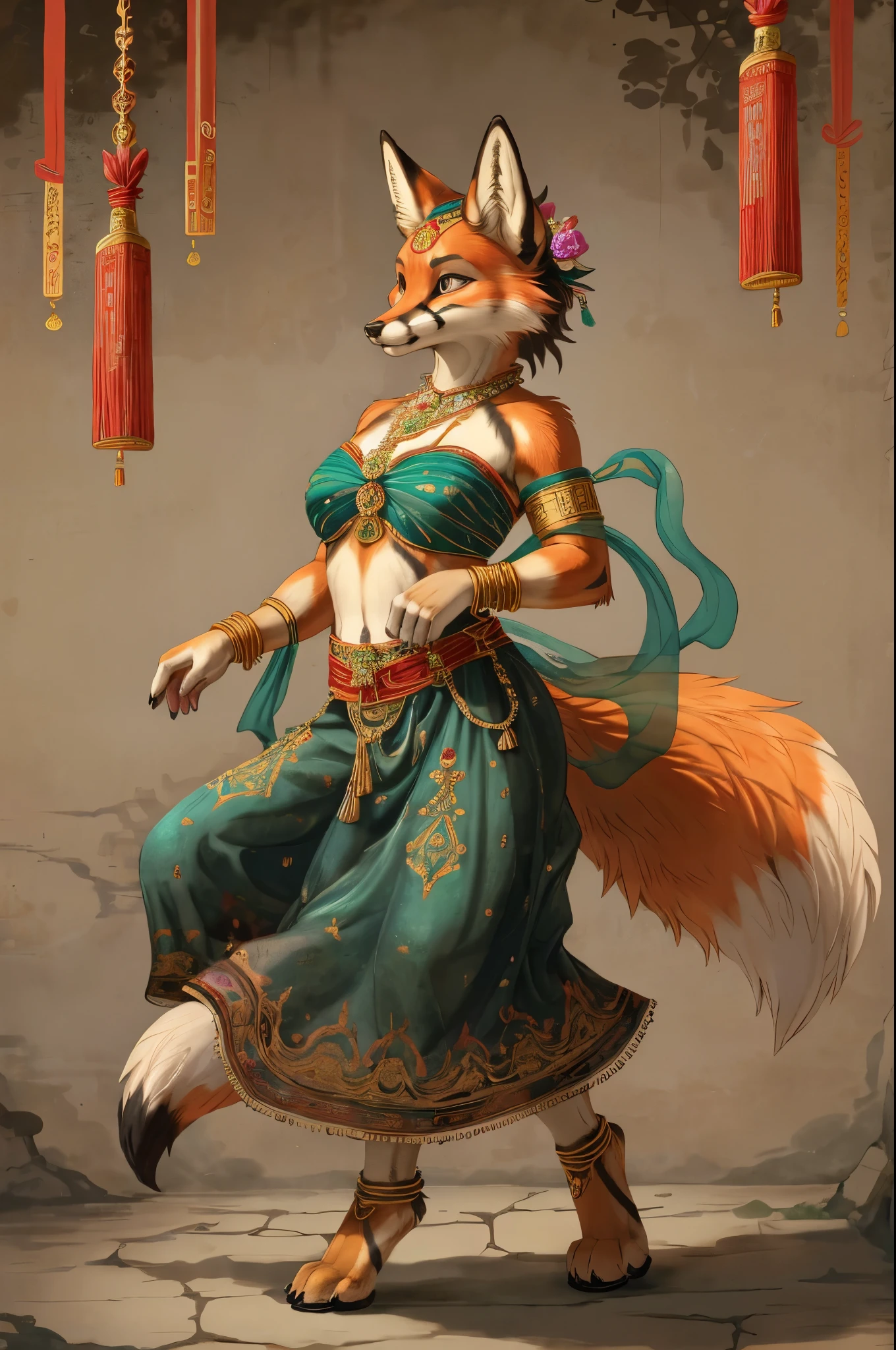 top quality, ancient Chinese beauty(highly detailed beautiful face and eyes)absurdres, perfect anatomy((beast woman, solo focus)) (((furry))) (furry anthro:1.7) ((((Furry body, fox facial features, fox body features)))) ((fox's muzzle, very detailed body fur))full body, dancing pose, gorgeous dress embroidered with intricate embroidery, transparent colorful ribbons tied around her arms, bare shoulders, open neck, wreath, black bun with flower hairpins Belts, armbands with streamers, necklaces, bracelets, anklets, metal chain tassels around the waist, Mogao Grottoes art, inspiration from Dunhuang Flying Apsaras murals, ink wash,