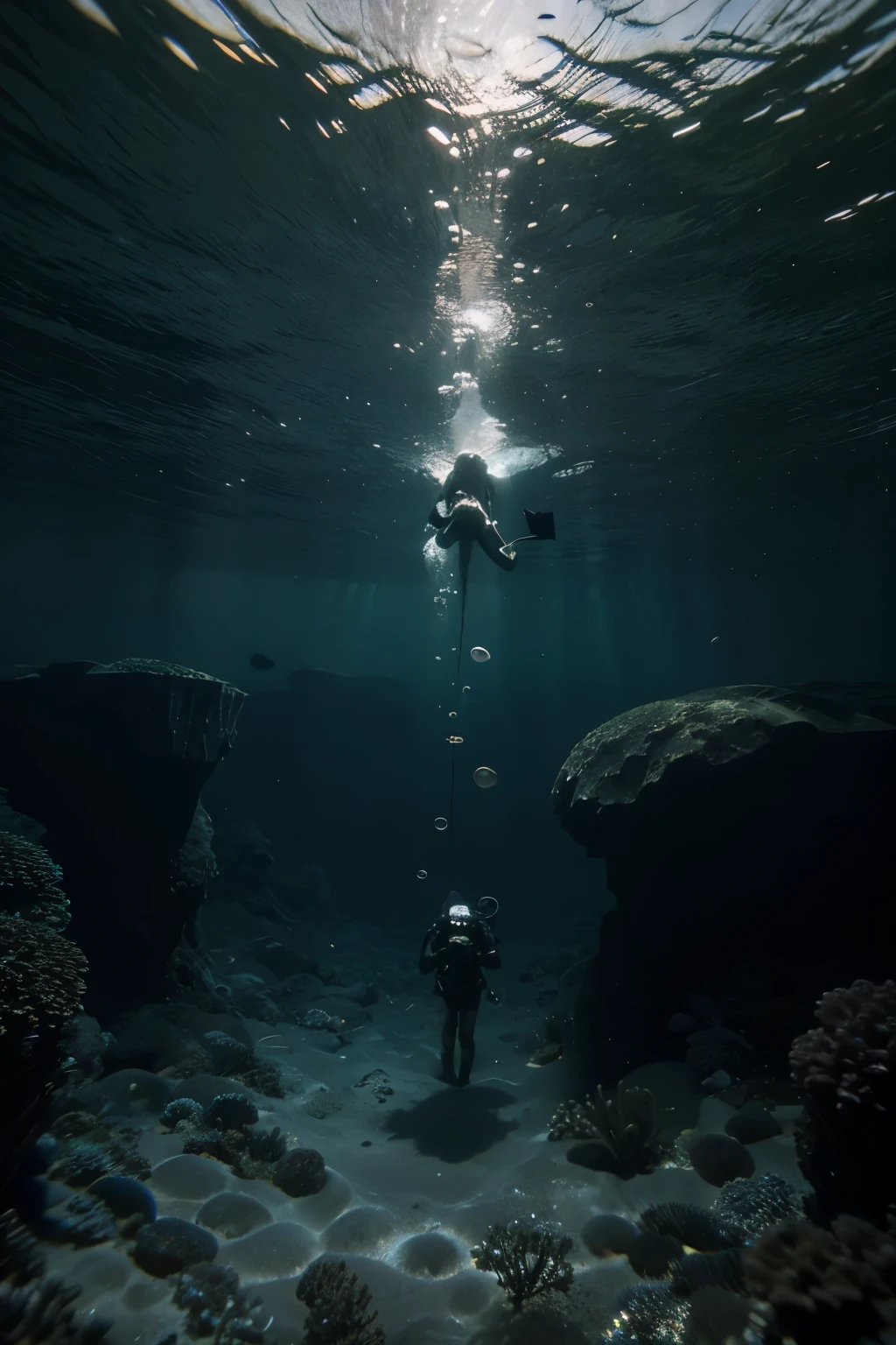 Wide angle view, real underwater world, coral reefs, divers, giant sea snakes, fisheye, underwater creatures, deep sea giants, mutated creatures, deep sea world, real photos, extreme horror, realism, highest quality, giant creatures, a diver is diving, a giant sea snake lurks in the depths and peeks out of the hole and looks at the diver with its huge head.