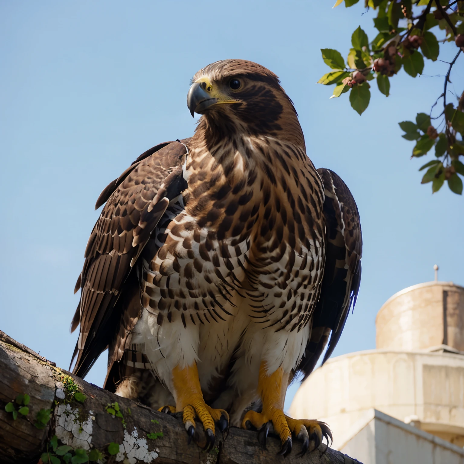 Falcon sitting on the head of a bear