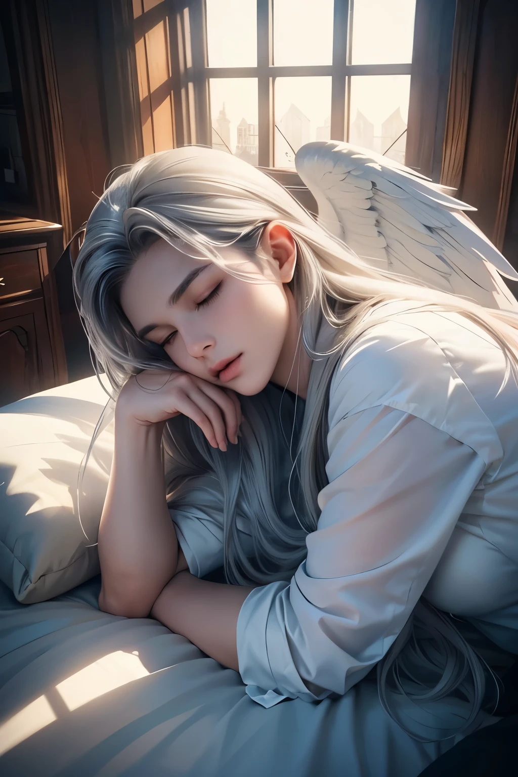 (Best quality)), ((masterpiece)), (detailed), ((perfect face)), ((halfbody)) perfect proporcions, he is a beautiful angel, he has long silver hair, he is sleeping on fluffy cushions, the sun comes in through a window, he has angel wings ((perfect face)) halfbody