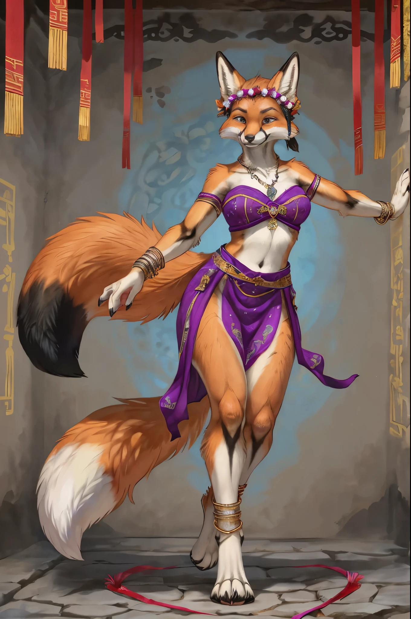 top quality, ancient Chinese beauty(highly detailed beautiful face and eyes)absurdres, perfect anatomy((beast woman, solo focus)) (((furry))) (furry anthro:1.7) ((((Furry body, fox facial features, fox body features)))) ((fox's muzzle, very detailed body fur))full body, dancing pose, gorgeous dress embroidered with intricate embroidery, transparent colorful ribbons tied around her arms, bare shoulders, open neck, wreath, black bun with flower hairpins Belts, armbands with streamers, necklaces, bracelets, anklets, metal chain tassels around the waist, Mogao Grottoes art, inspiration from Dunhuang Flying Apsaras murals, ink wash,