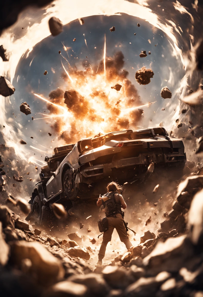 cinematic film still {A film shot capturing a climactic moment in an action sequence, realistic explosion and debris flying, hero in mid-leap, high-stakes tension, shot with a Canon EOS R8, Wide angle lens} . shallow depth of field, vignette, highly detailed, high budget, bokeh, cinemascope, moody, epic, gorgeous, film grain, grainy