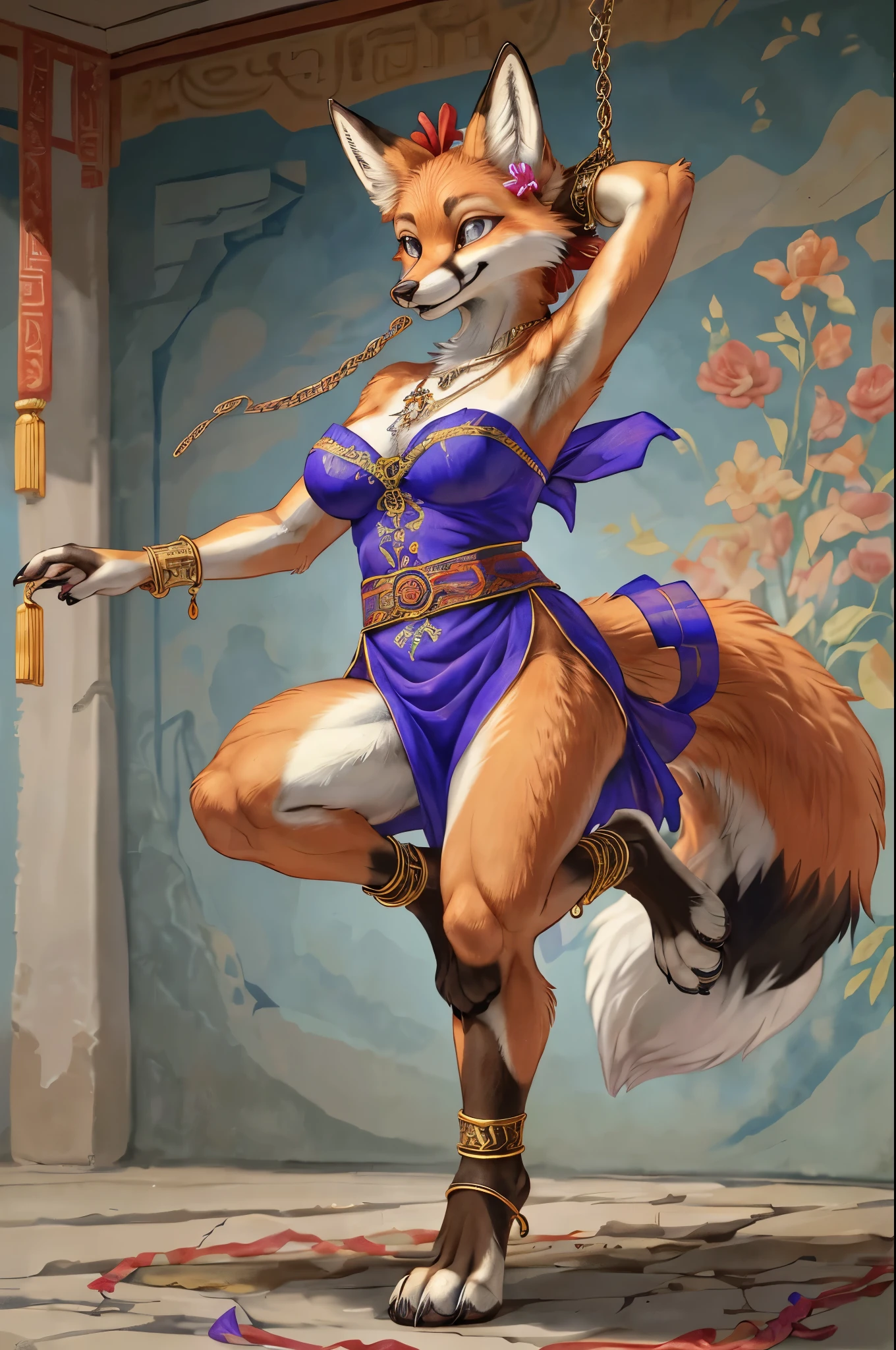 top quality, ancient Chinese beauty(highly detailed beautiful face and eyes)absurdres, perfect anatomy((beast woman, solo focus)) (((furry))) (furry anthro:1.7) ((((Furry body, fox facial features, fox body features)))) ((fox's muzzle, very detailed body fur))full body, dancing pose, gorgeous dress embroidered with intricate embroidery, transparent colorful ribbons tied around her arms, bare shoulders, open neck, wreath, black bun with flower hairpins Belts, armbands with streamers, necklaces, bracelets, anklets, metal chain tassels around the waist, Mogao Grottoes art, inspiration from Dunhuang Flying Apsaras murals, ink wash,