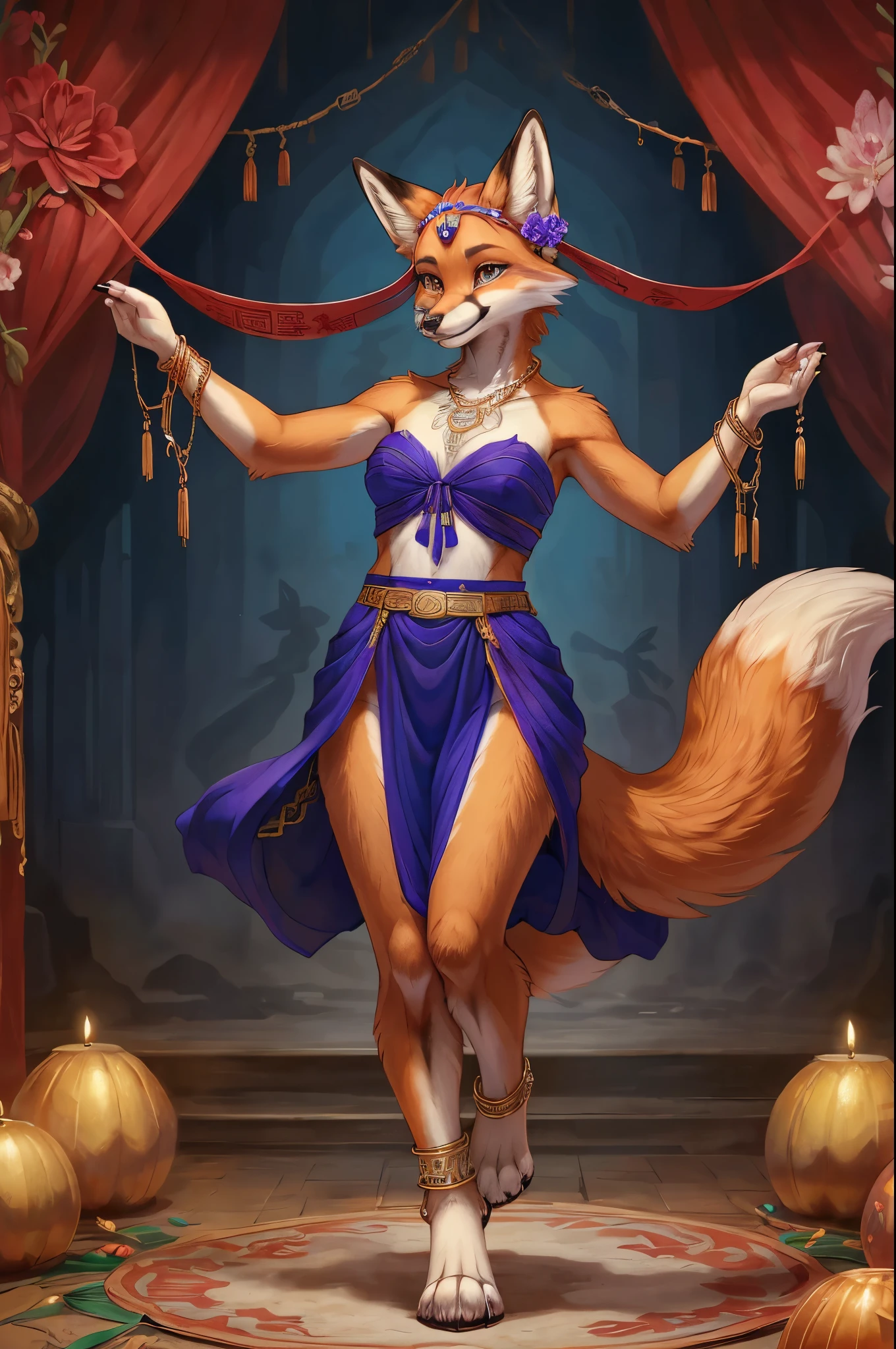 top quality, ancient Chinese beauty(highly detailed beautiful face and eyes)absurdres, perfect anatomy((beast woman, solo focus)) (((furry))) (furry anthro:1.7) ((((Furry body, fox facial features, fox body features)))) ((fox's muzzle, very detailed body fur))full body, dancing pose, gorgeous dress embroidered with intricate embroidery, transparent colorful ribbons tied around her arms, bare shoulders, open neck, wreath, black bun with flower hairpins Belts, armbands with streamers, necklaces, bracelets, anklets, metal chain tassels around the waist, Mogao Grottoes art, inspiration from Dunhuang Flying Apsaras murals, ink wash,