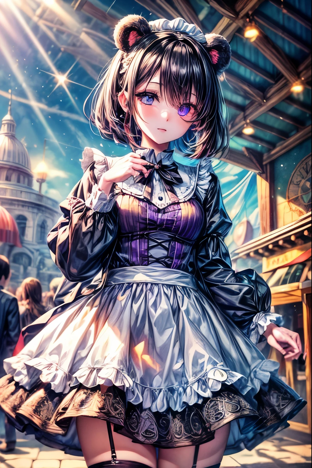 (32k), ((worst quality, low quality)), ((Bear-eared furry girl)), (Gothic Lolita), ((Black hair berry berry short)), (((hair above one eye))), (((One eye is hidden by hair))), plump and glossy lips, (((beautiful clear purple eyes:1.4))), spoken word heart, Large slouched posture, (amusement park background), ((shining sunlight)), (light particles, shine of light, light:1.4), muste piece,best quality,Super detailed,